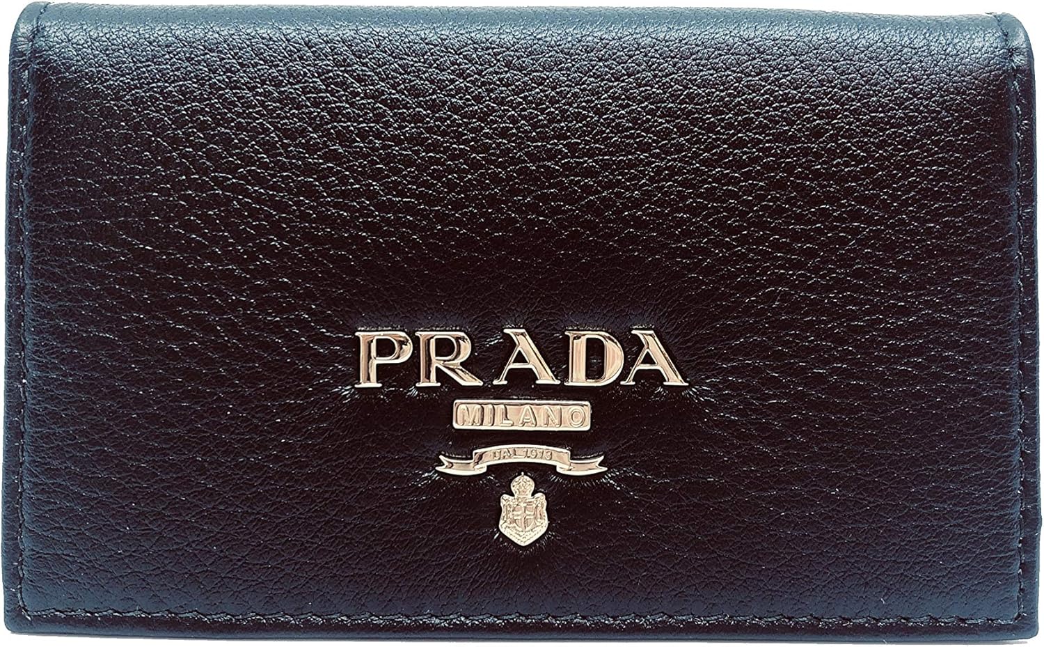 Prada Black Vitello Grain Leather Credit Card Case Wallet with Gold Hardware Made in Italy New