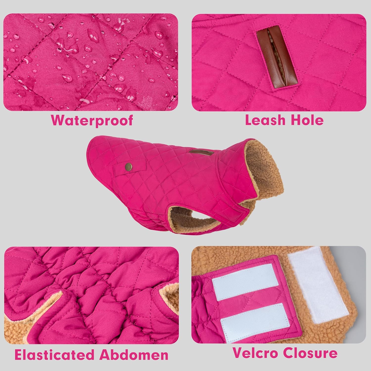 azuza Dog Jacket Waterproof & Windproof Dog Coat for Small Dogs with Thick Fleece, High Collar with Leash Hole, Adjustable Velcro & Elastic Belly, Rose Red M - Image 2