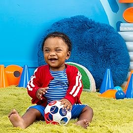 Bright Starts Oball Grippin\' Goals Rattle Soccer Ball - Red, White & Blue, Easy-Grasp Toy for Newborn and Up