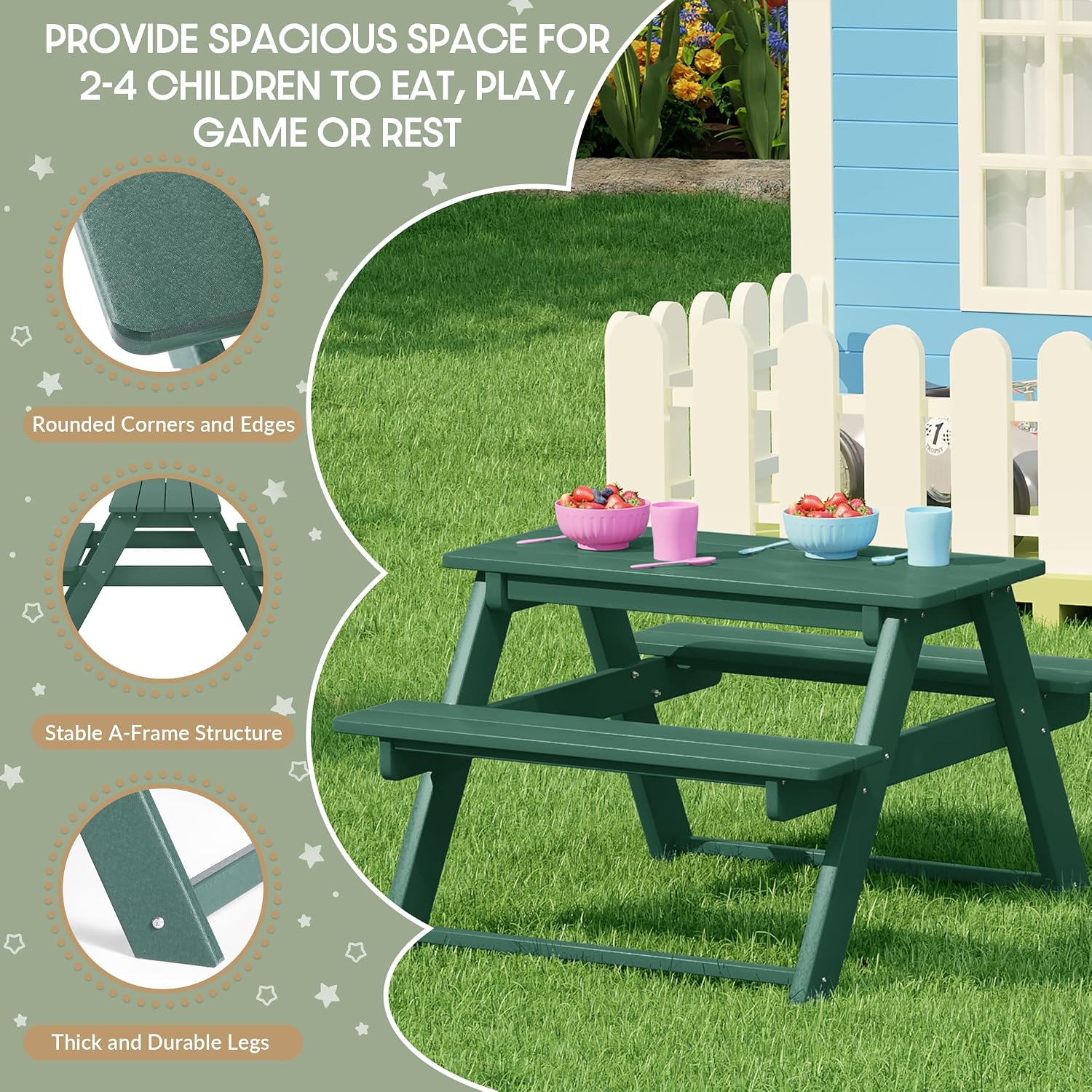 WestinTrends Malibu Outdoor Patio and Indoor Kids HDPE Plastic Picnic Bench Table, Dark Green