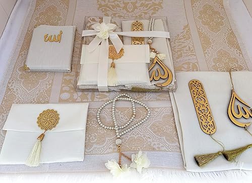 Miniatura 6 de Alfombra de oración musulmana, juego de regalo 7 en uno, tapete de oración, libro de sura, tasbeeh, bufanda, estuche de sura, marcador, gancho para