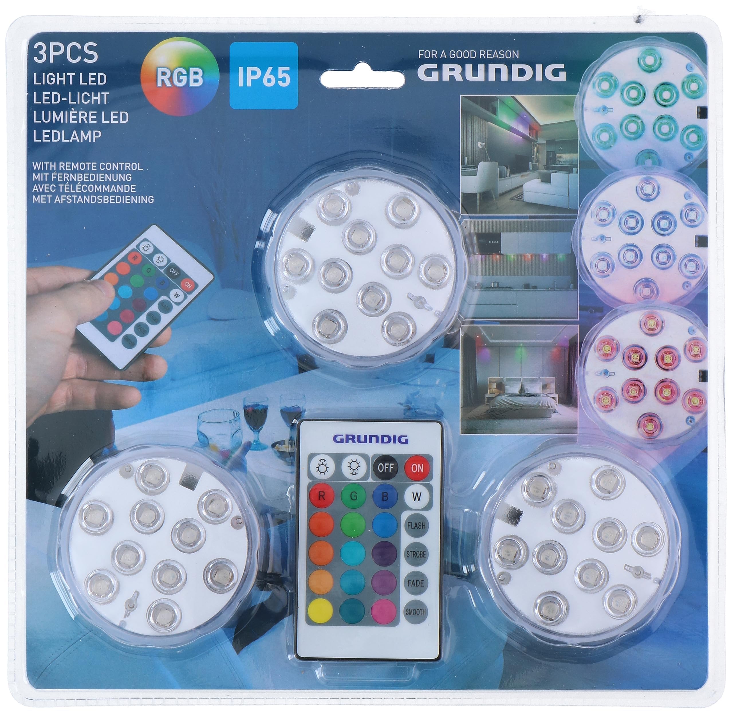 Grundig LED-Leuchten Set – 3 Stück Batteriebetriebene RGB-Lichter Mit Fernbedienung, IP65