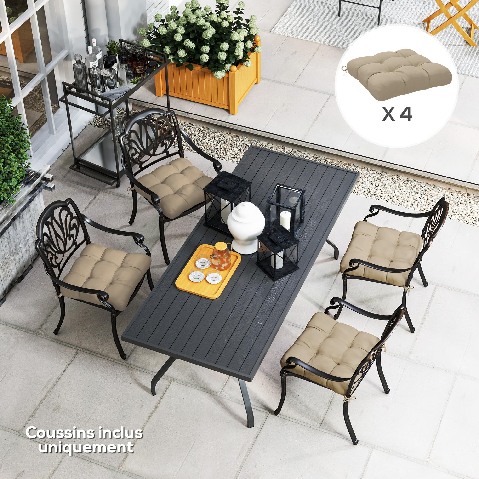 Outsunny Set di 4 cuscini per sedie da giardino, Cuscini imbottiti per esterni, imbottitura 10 cm con lacci, dim. 48L x 48l cm Khaki