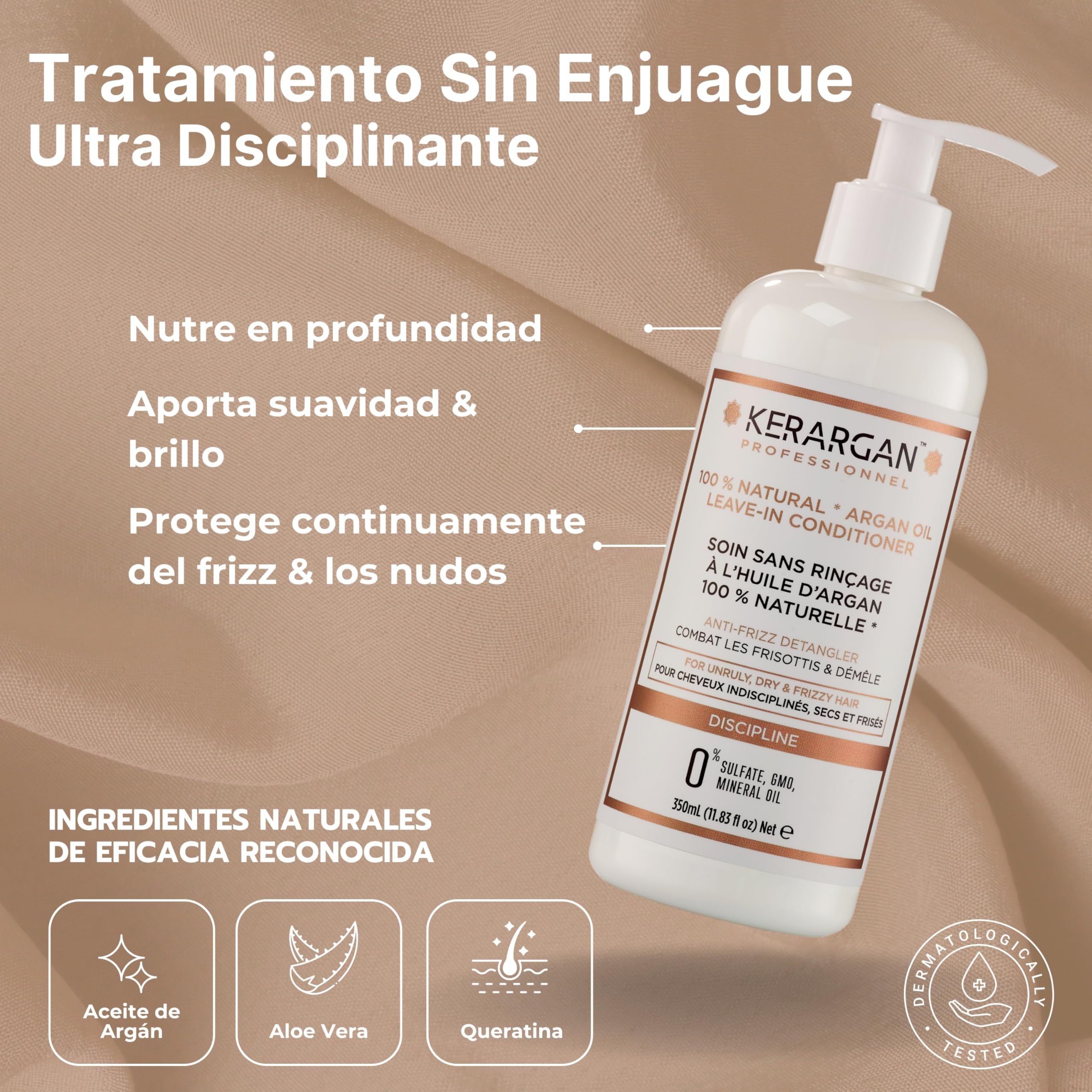 Kerargan - Trío Disciplinante Champú, Mascarilla & Leave In con Aceite de Argán para Cabellos Indisciplinados, Secos y Rizados - Combate el Frizz & Desenreda - Sin Sulfatos, GMO,Silicona-2x500ml+350ml | Champú, mascarilla y acondicionador sin aclarado, ru