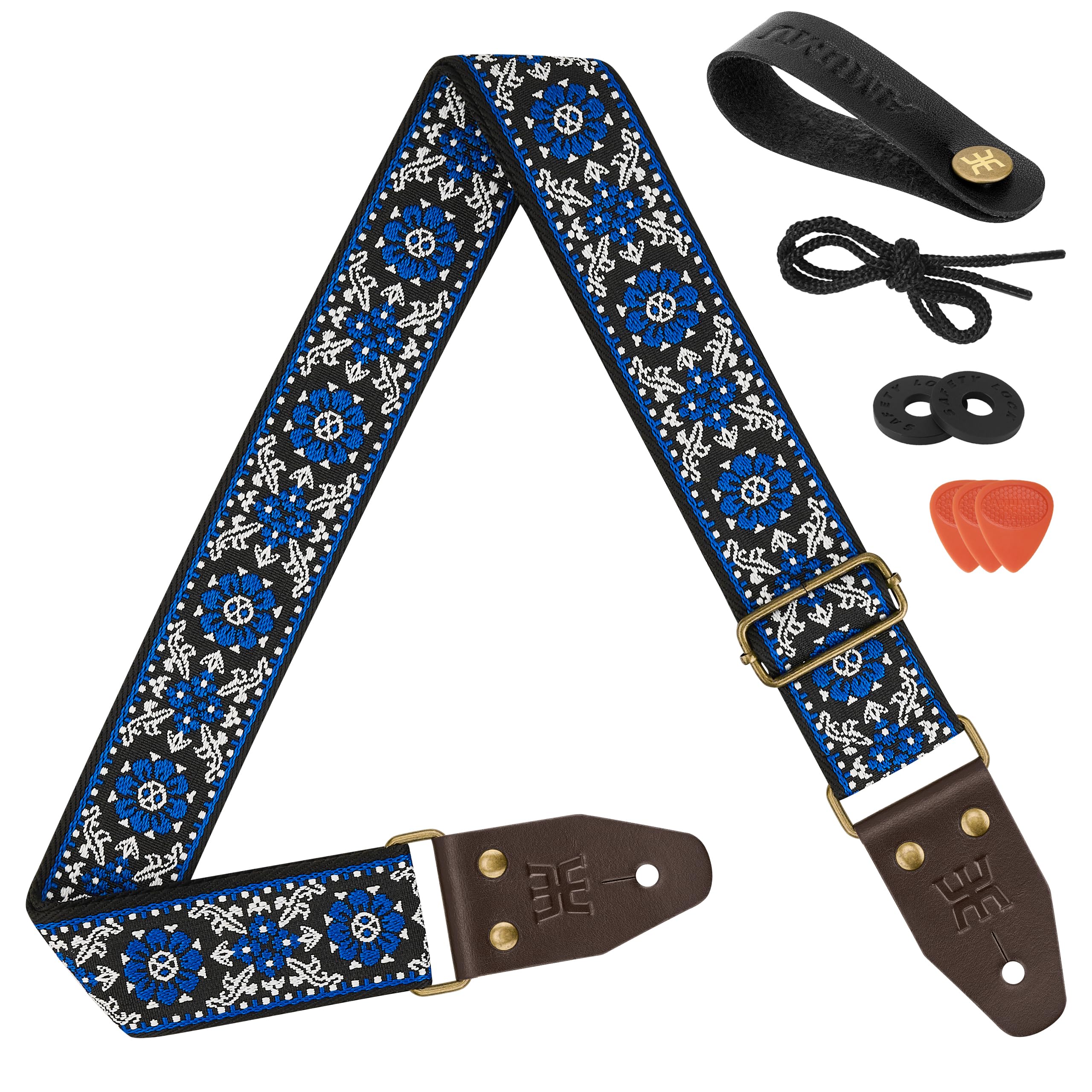 Amumu Blue Lucky Flower Embroidery Guitar Strap - Vintage Style with Top Grain Cowhide Leather Ends & Pick Pocket - Fits Bass, Electric, Acoustic Guitars