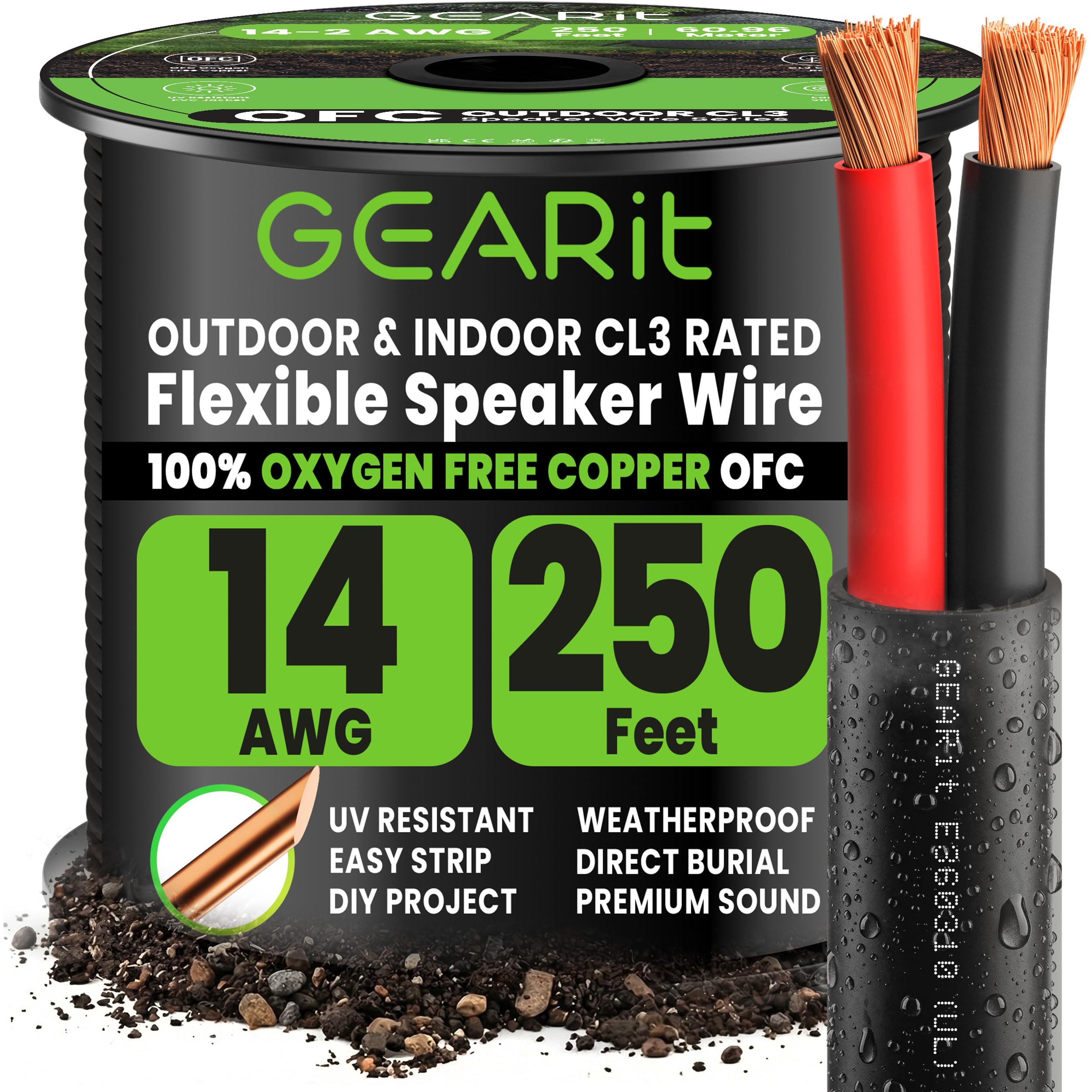 GearIT Cable de altavoz para exteriores OFC 2 x 2,5 mm ≤ (76,2 metros – negro) cobre sin oxígeno – Cable de audio de alta fidelidad para entierro directo en tierra/en pared/clasificación CL3 CL2/2
