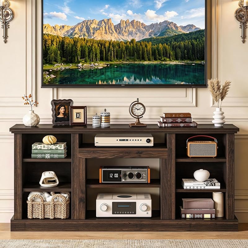YITAHOME Farmhouse TV Stand with Adjustable Shelves & Open Storage, Walnut image 6
