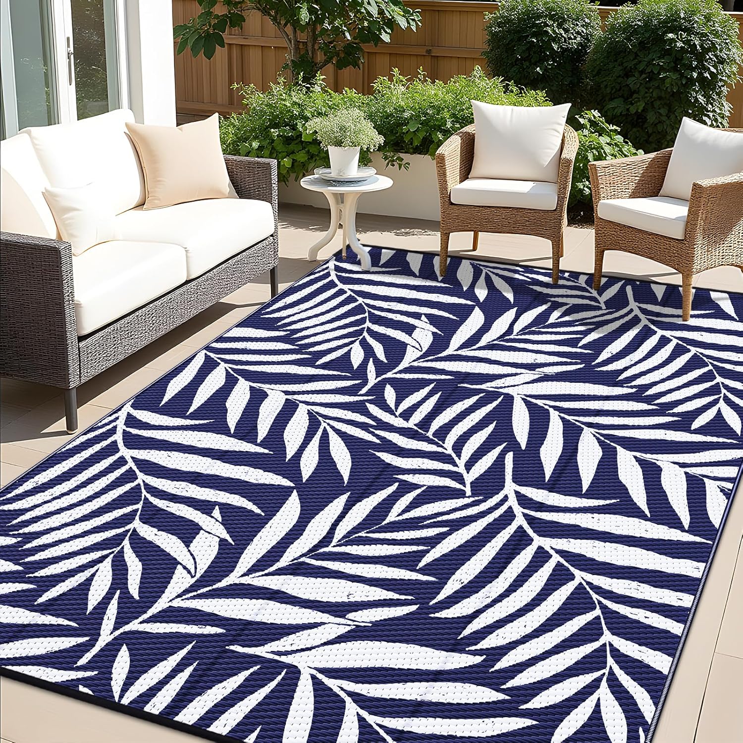 OLANLY Waterproof Outdoor Rug 9x12 ft, Reversible Outdoor Plastic Straw Rug with Leaf Pattern, RV Mat, Indoor Outdoor Carpet for Patio, Camping, Balcony, Deck, Backyard, Navy & White Navy Blue & White 9' x 12' (Rectangular)