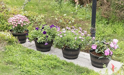 Miniatura 8 de Gardenised Macetas redondas de medio barril de 4 piezas estilo rústico de madera sintética para uso en interiores y exteriores, perfectas para