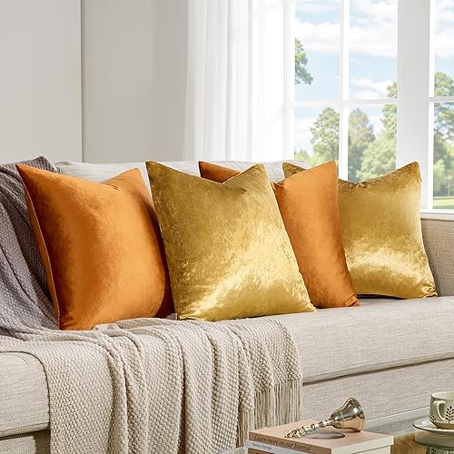 Miniatura 6 de GIGIZAZA Juego de 4 fundas de almohada de terciopelo dorado y naranja de 18 x 18 pulgadas, fundas decorativas suaves y cuadradas modernas para sofá