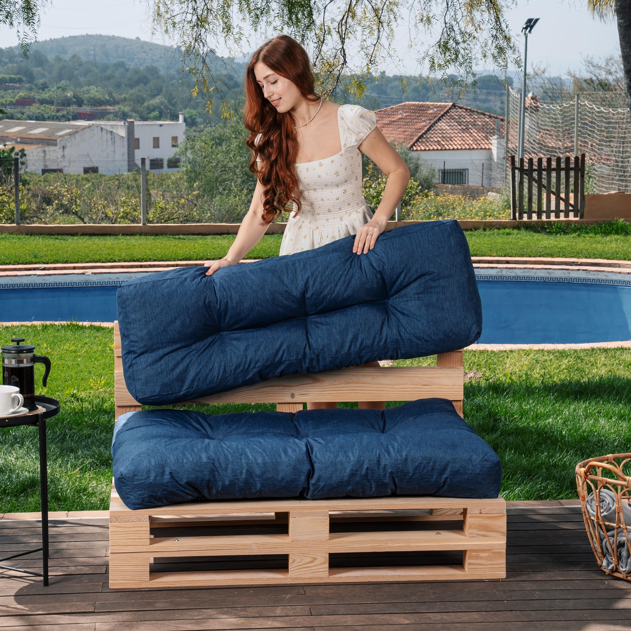 bananair - Cuscini per Pallet - Tessuto Idrorepellente e Anti-UV - Molto Confortevole, Imbottito in Schiuma - Cuscini per Divano Esterno Giardino (Seduta 120x80 cm + Schienale 120x40 cm, Blu)