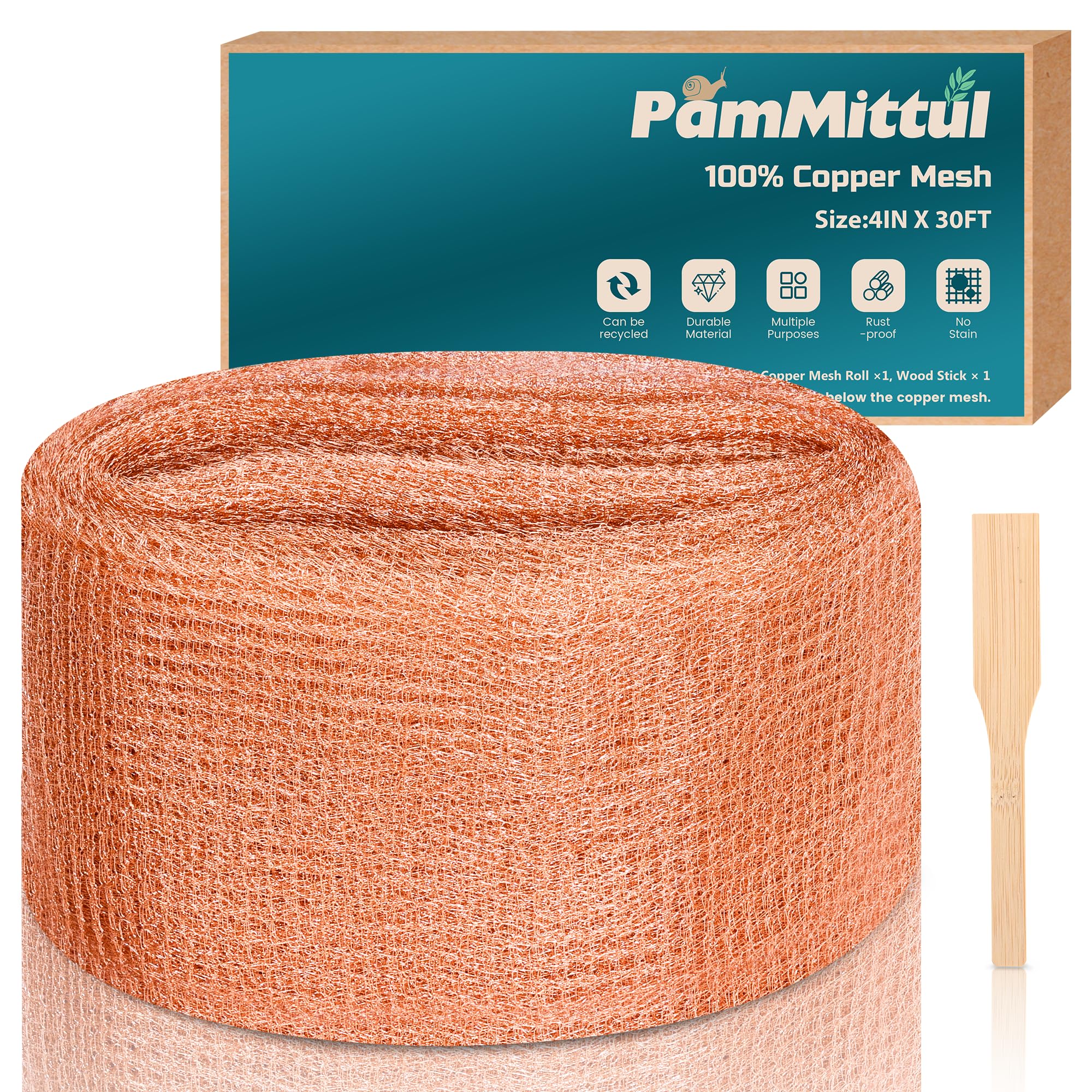 PamMittul Copper Mesh Rodent Control, 4in x 30ft Rustproof Pure Copper Mesh Roll for Slug Snail Mice Control, Ideal for Blocking Holes in Walls Vents,