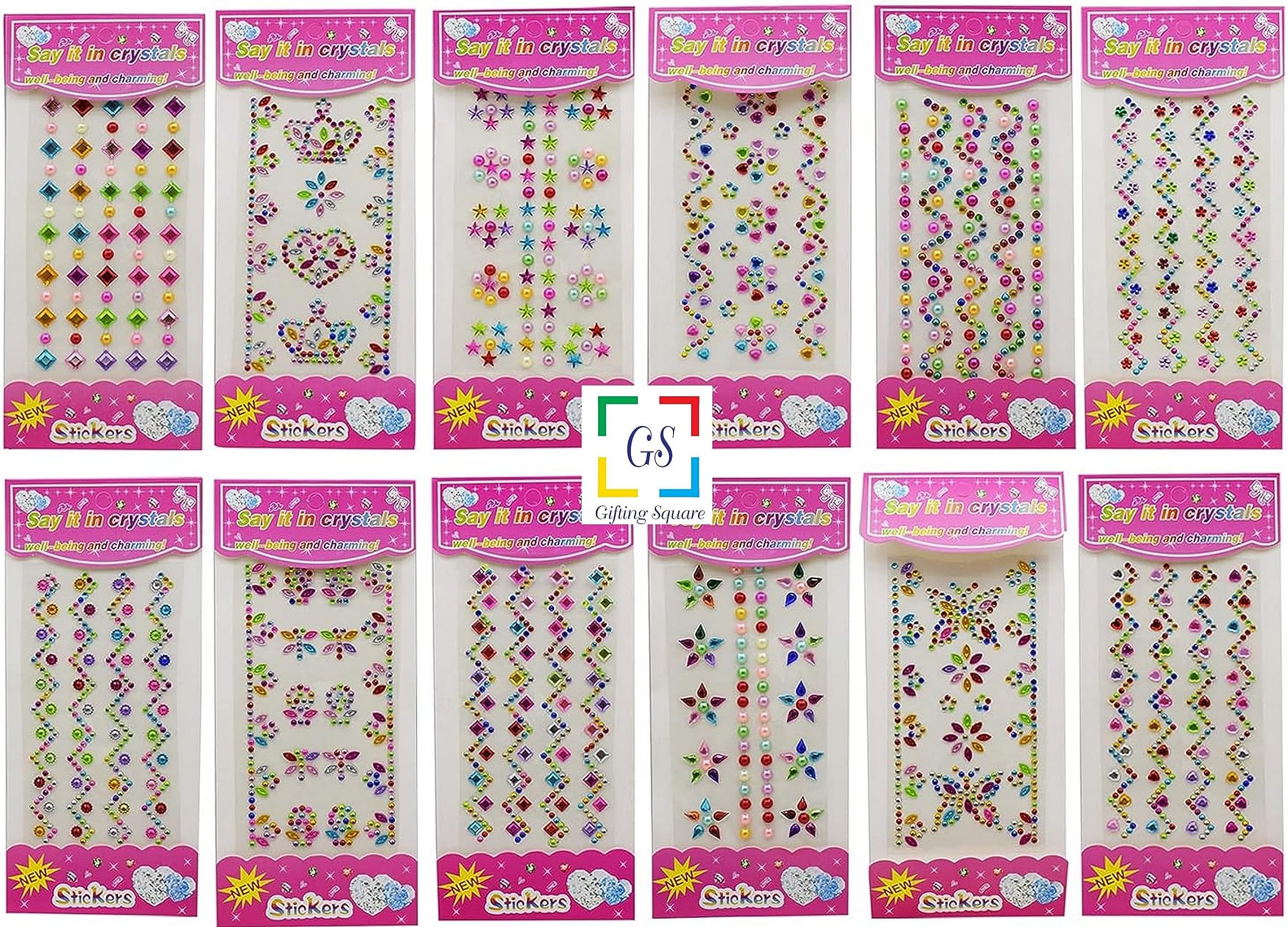 Metal Pack of 10 Sheets Self Adhesive Multicolored Design Stone Crystal Shaped Stickers for Craft Decoration Project, 23 x 9 x 1 Centimeters