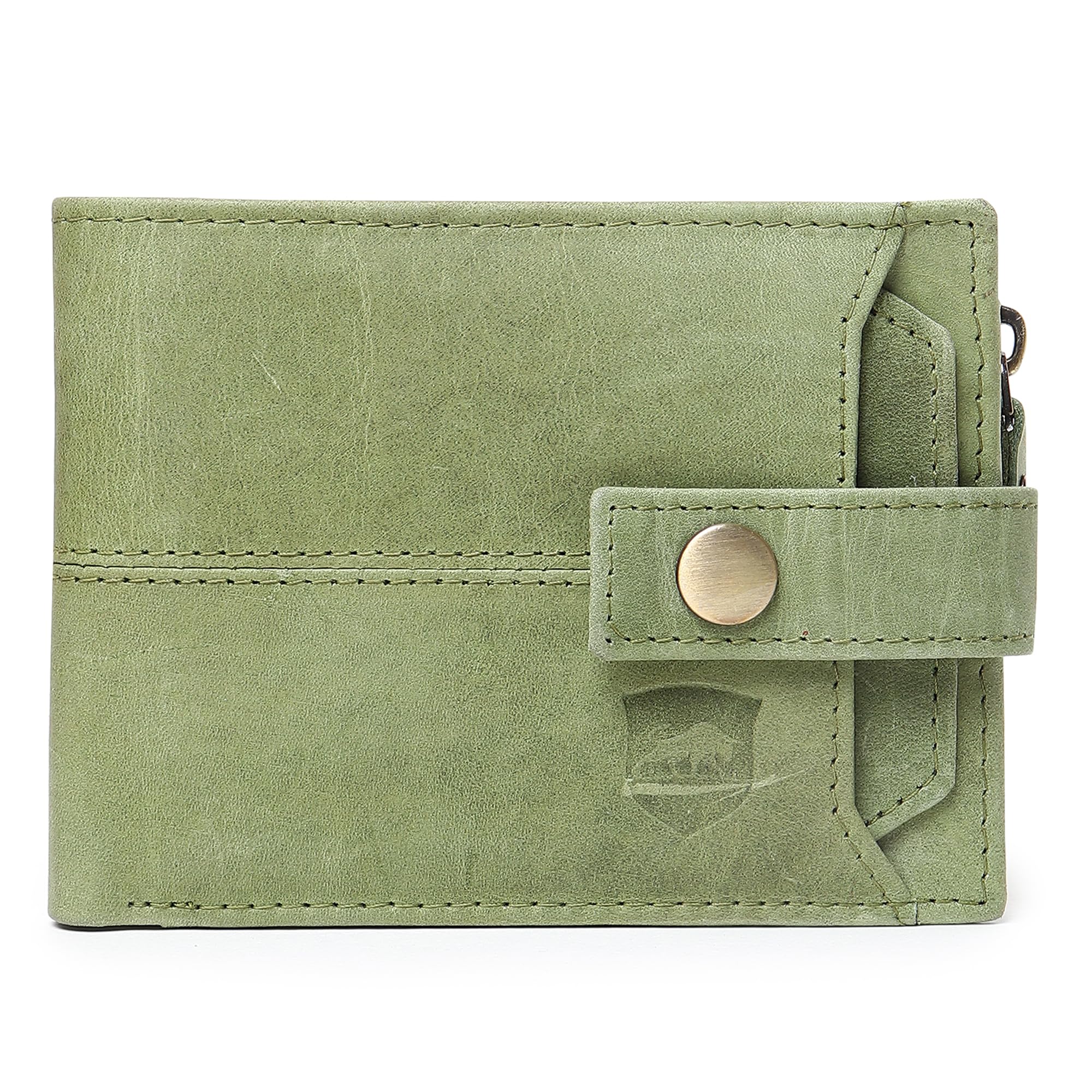 Button Closer Leather Wallet for Men I 4 Card Slots I 2 Currency & 2 Secret Compartments I 1 Zipper Coin Pocket (Green)-image-41