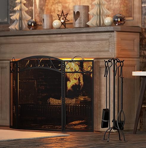 Miniatura 7 de Fire Beauty Juego de herramientas para chimenea de 5 piezas, juego de herramientas de hierro forjado resistente, color negro