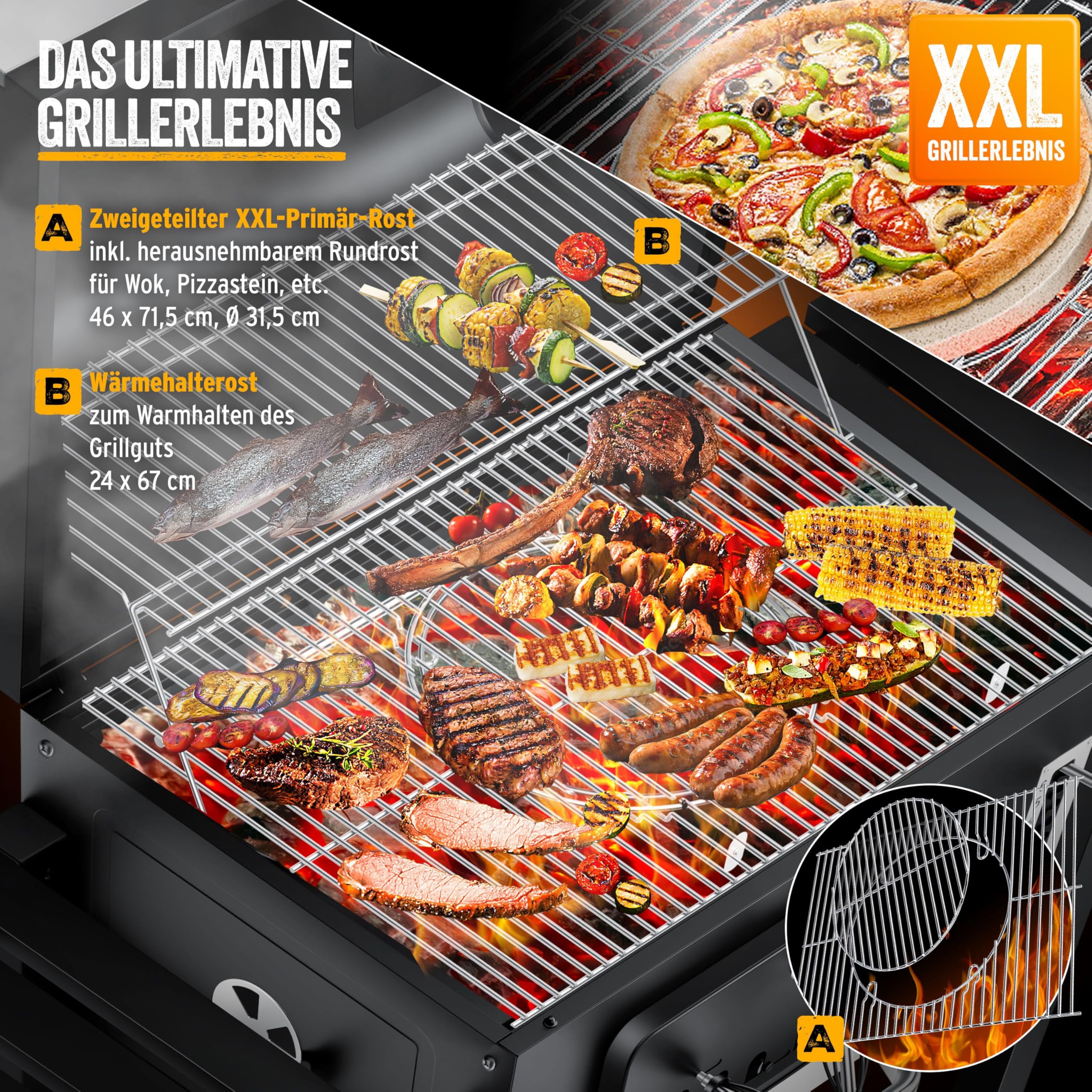 KESSER® Parilla de Carbón con Carrito Grill con Tapa, Ruedas, Mango de Acero Inoxidable | Barbacoa y Termómetro Carbón Grande BBQ Asador Camping, Terraza, Jardín XXL Negro