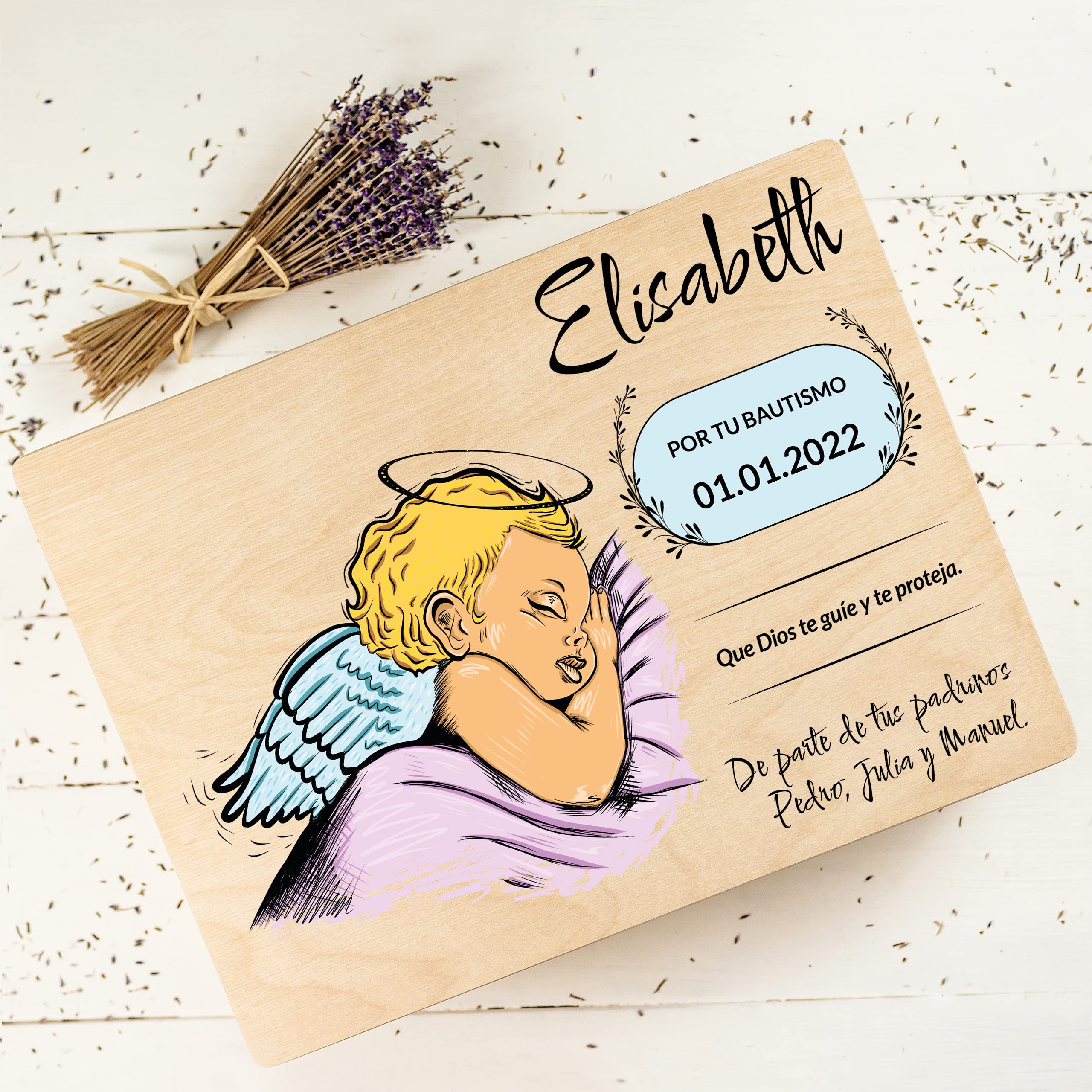 Creative DECO Caja Regalo Personalizada Bautismo para Niños y Niñas | Caja de Memoria de Madera| Personalizado - Ángel | Impreso | Personalizadas para Niño y Niña | Personalizados