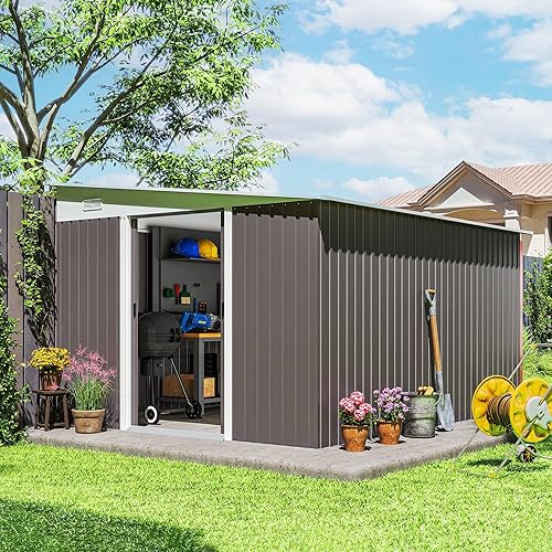 Outsunny 11' x 9' Outdoor Storage Shed, Metal Garden Tool House with Sloping Roof and Lockable Door for Backyard, Bike, Patio, Garage, Lawn, Gray