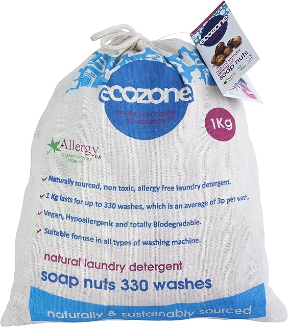EcoZone Soap Nuts Natural Laundry Detergent, 100% Organic Biodegradable Washing Machine Pellets, Plastic Free, Effective Cleaning for Clothing & Fabrics, Hypoallergenic Vegan & Eco Friendly (1kg Bag)