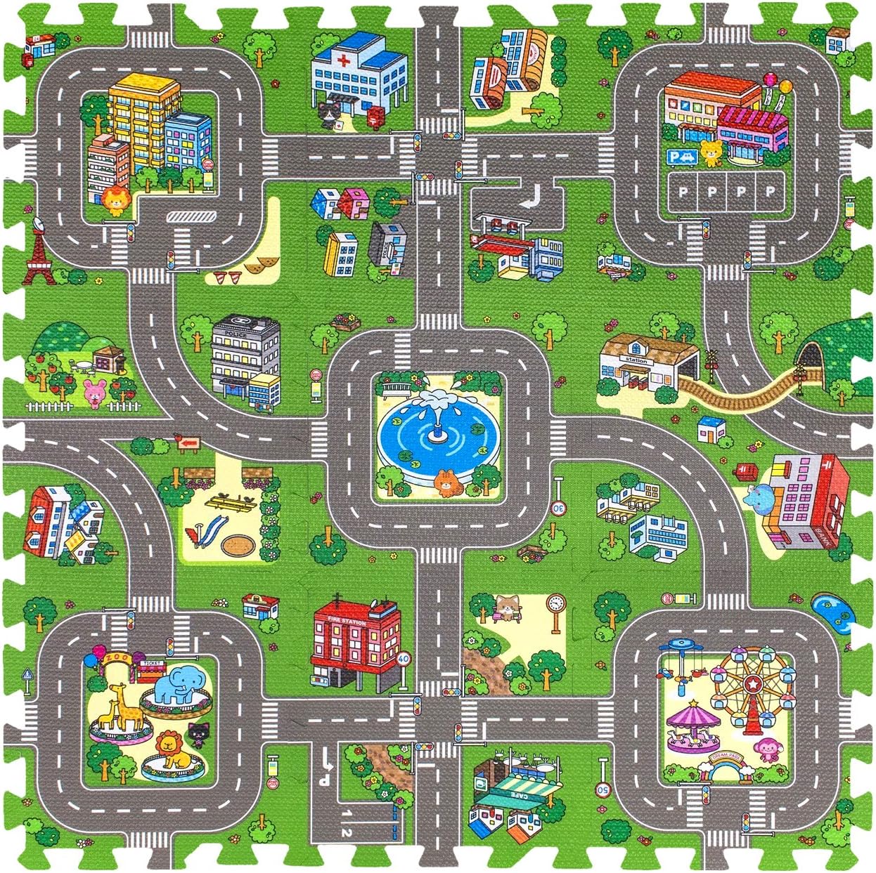 Sorbus Traffic Play mat Puzzle Foam Interlocking Tiles – Kids Road Traffic Play Rug - Children Educational Playmat Rug - Great for Playing with Toy Cars Trucks (9 Tiles with Borders)