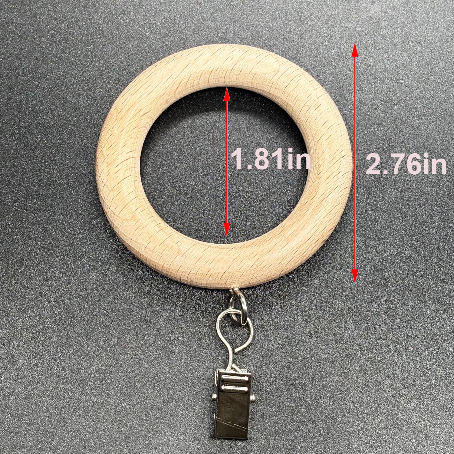 Vorhangringe aus Buchenholz mit Clips, Bauernhaus-Vorhang-Clips, 4,6 cm Innendurchmesser für 2,8–3,8 cm Stangen (61 cm, Innendurchmesser 4,6 cm)