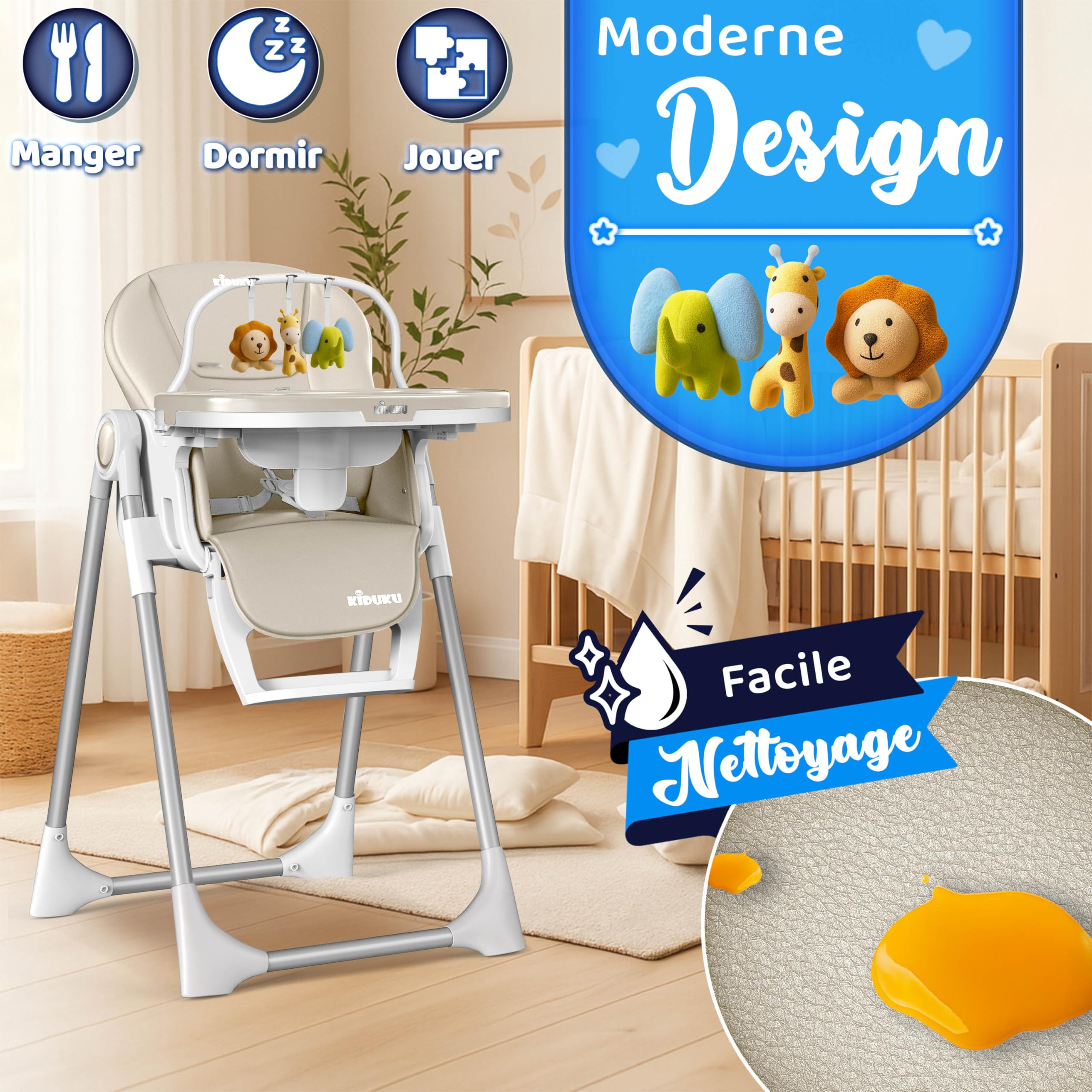 KIDUKU® Chaise Haute Bébé 3en1 avec Réducteur Nouveau-né & Bavoir | Chaise d'alimentation Évolutive Pliable avec Arche de Jeu | Chaise Haute Réglable en Hauteur 7 Positions pour 0-36 Mois (Beige)