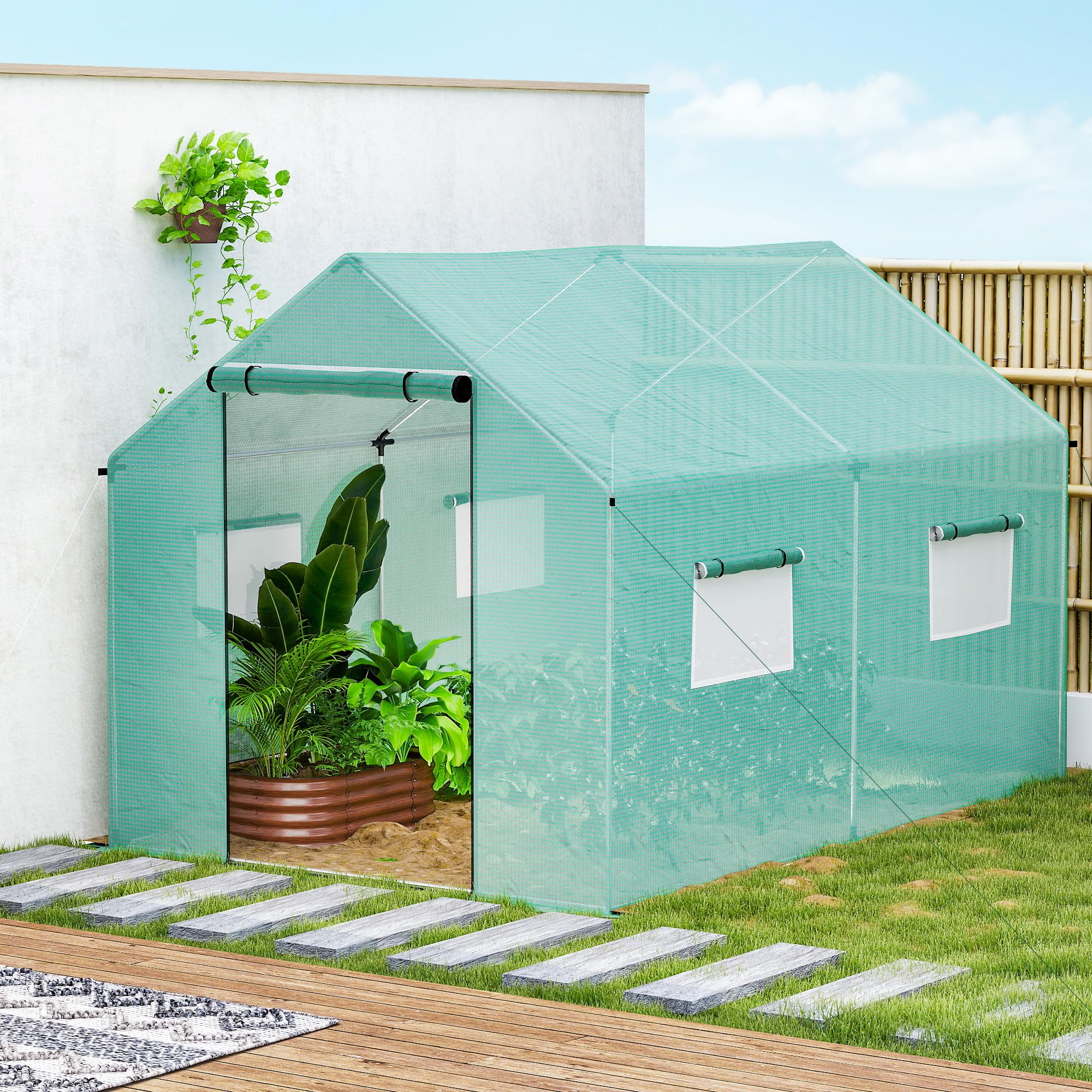 Outsunny Serra da Giardino a Tunnel 2x3x2 m con Porte e Finestre Avvolgibili, Serra per Orto con Tetto a Punta, Struttura in Acciaio e Copertura PE, per Orto Verdure Fiori Frutta, Anti UV, Verde