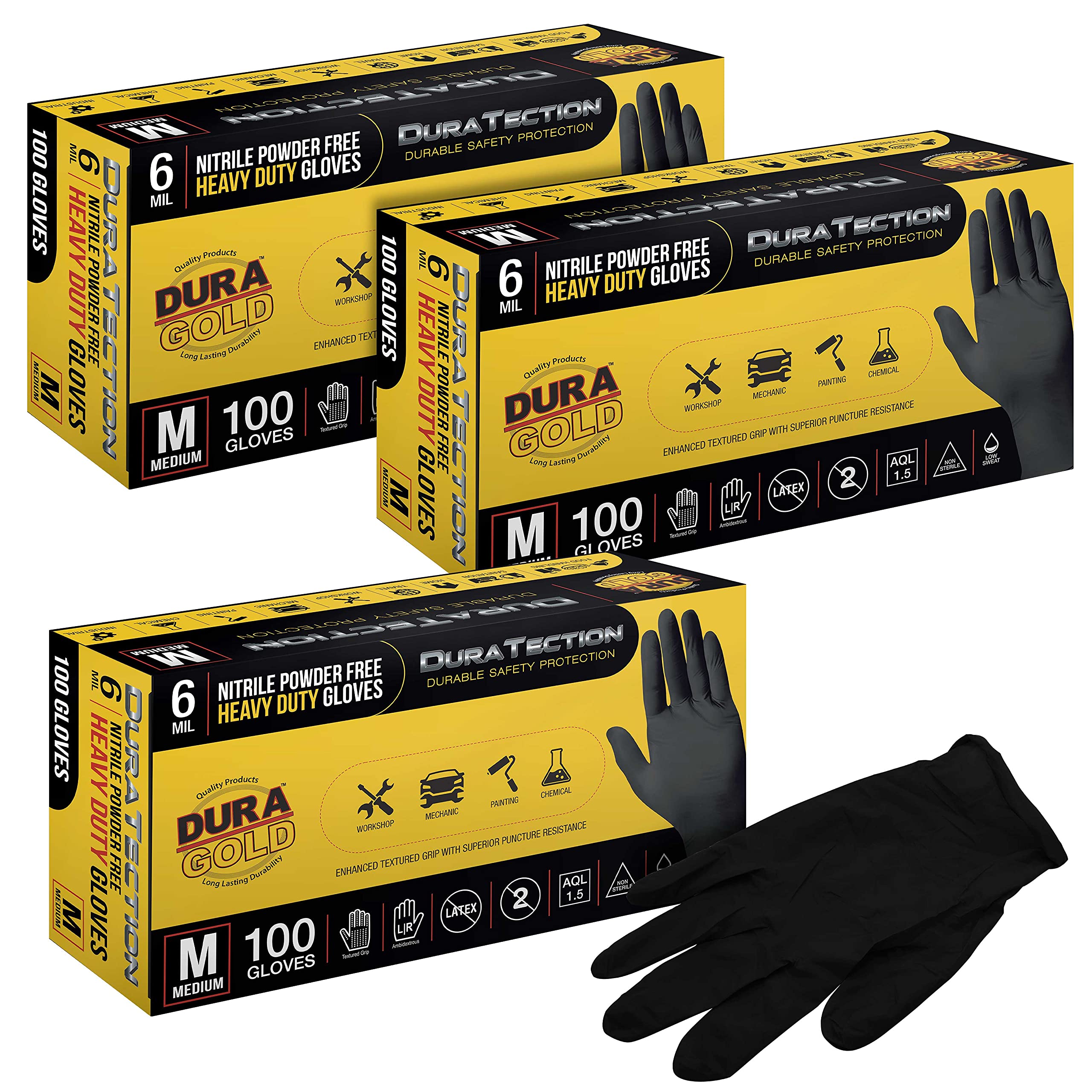 Dura-Gold HD Nitril-Einweghandschuhe, Schwarz, 3 Boxen mit je 100 Stück, Größe M, 6 mm, latexfrei, puderfrei, strukturierter Griff