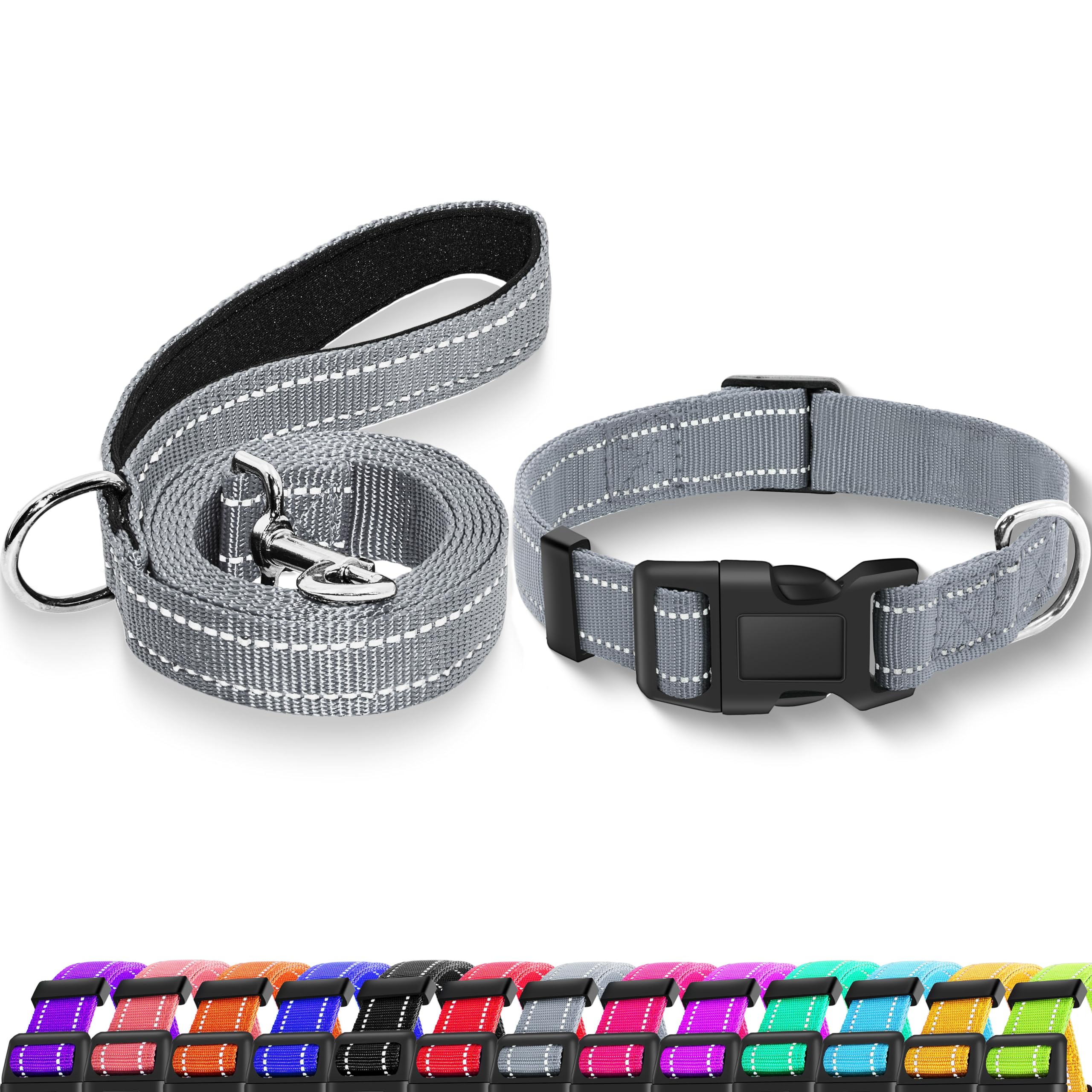 Maiiu Reflective Dog Collar with Safety Locking Buckle, Adjustable Soft Breathable Nylon Collars for Small, Medium and Large Dogs(Collar+Leash S Width