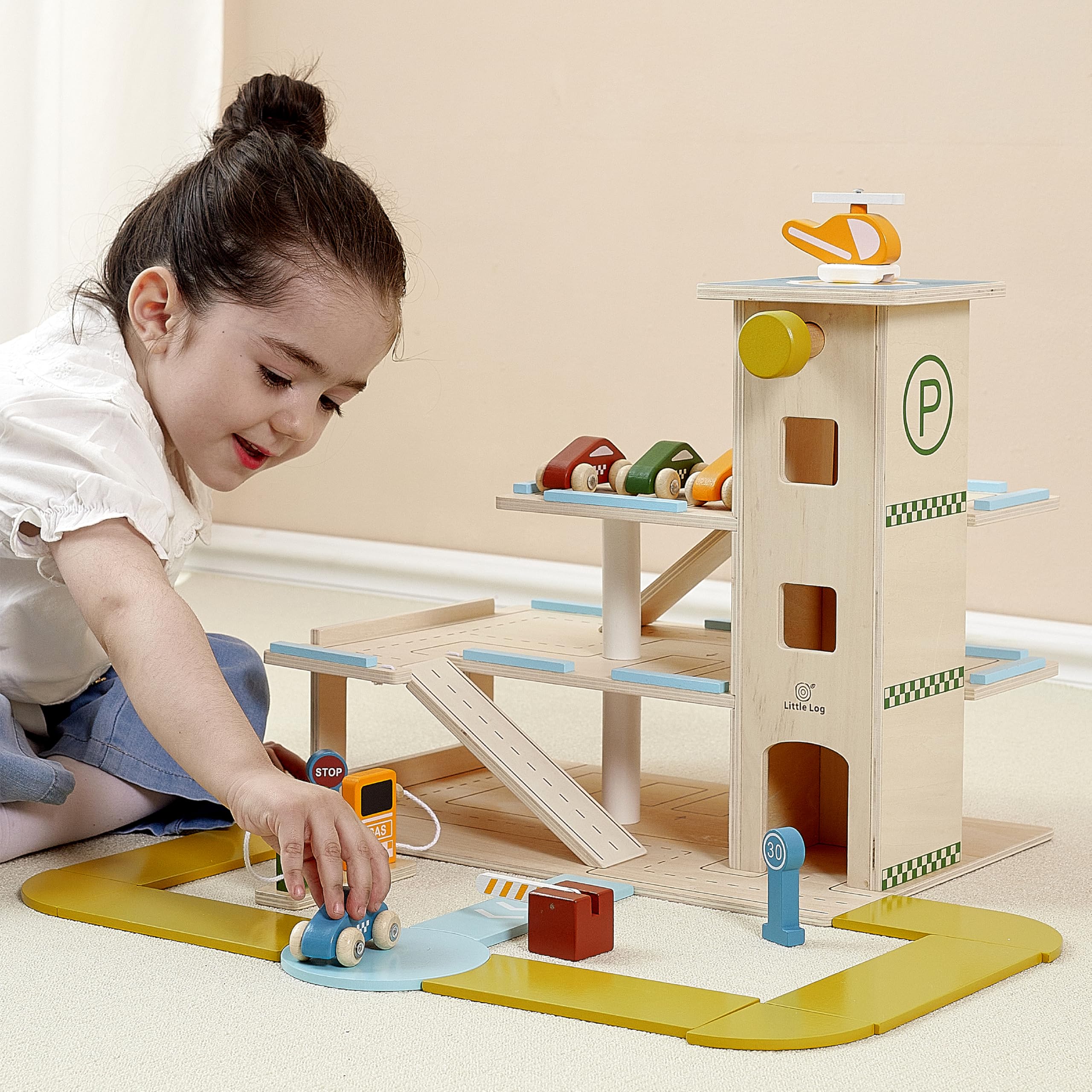 Little Log Garage di Parcheggio in Legno con Accessori per Lavaggio Auto Garage da Gioco con Ascensore Elicottero Set di Giocattoli di Garage in Legno 3 Piani con 21 Pezzi per Bambini e Bambine dai 3