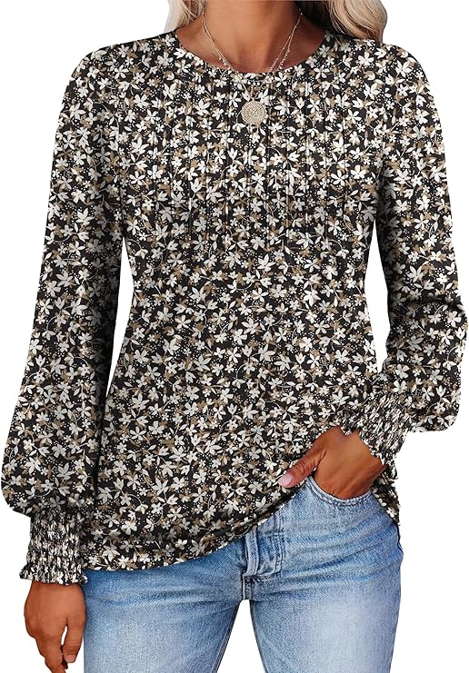 Prinbara Long Sleeve Shirts for Women 2025 Fall Tops Floral Print Pleated Dressy Casual Blouses