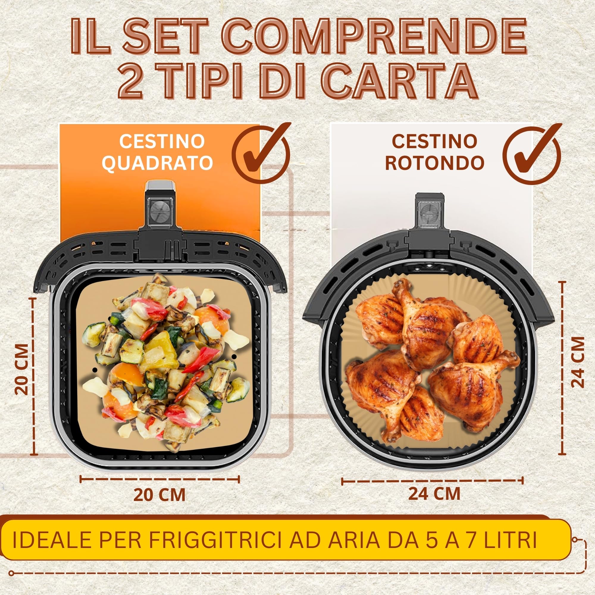 Carta Forno per Friggitrice ad Aria BPA Free 20-24cm, 200 Pezzi Quadrata e 100 Pezzi Piana