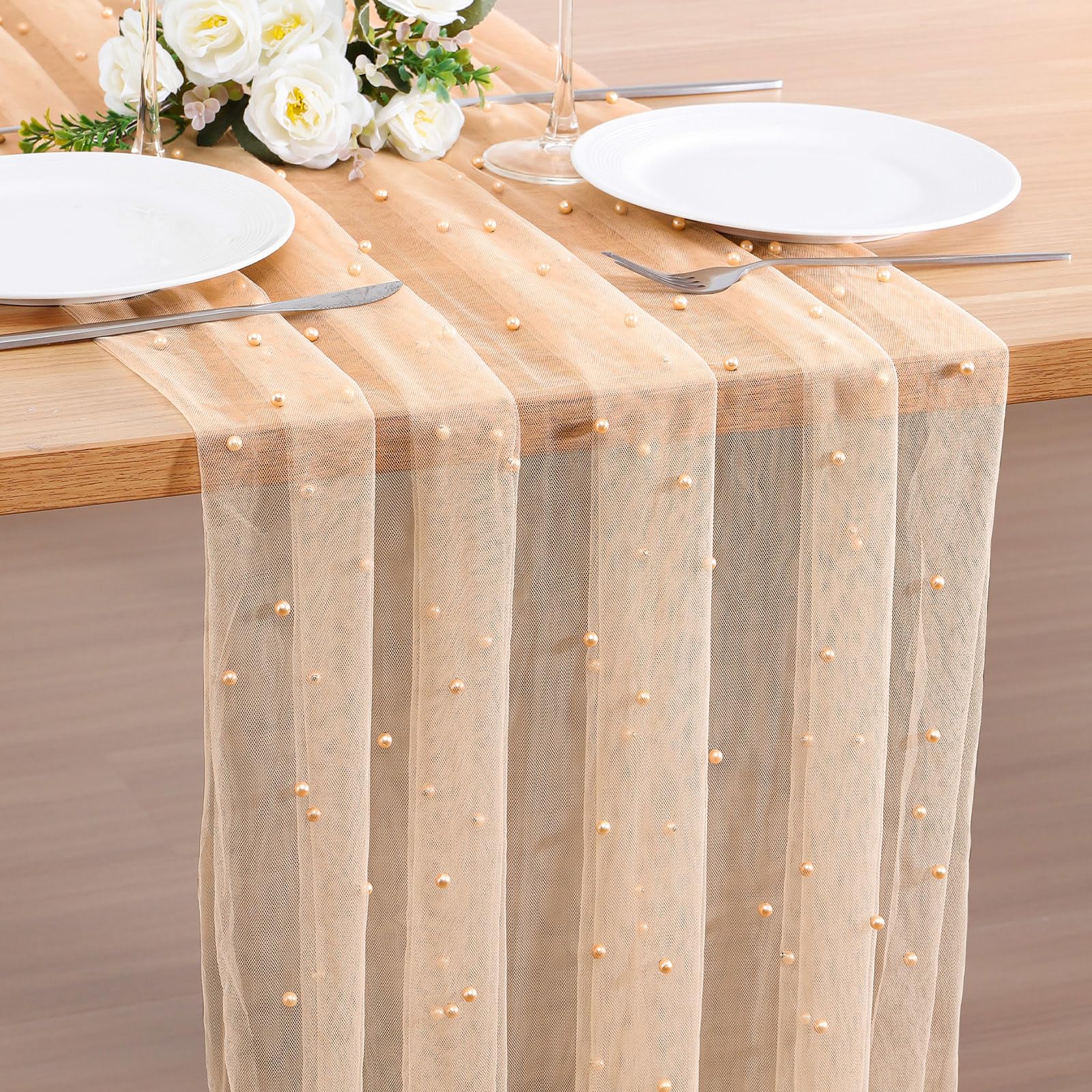 BINBE Runner da tavola in tulle, per primavera ed estate, rustico, bohémien, 3 m, per baby shower, matrimoni, vacanze, dessert, decorazione da tavolo, champagne