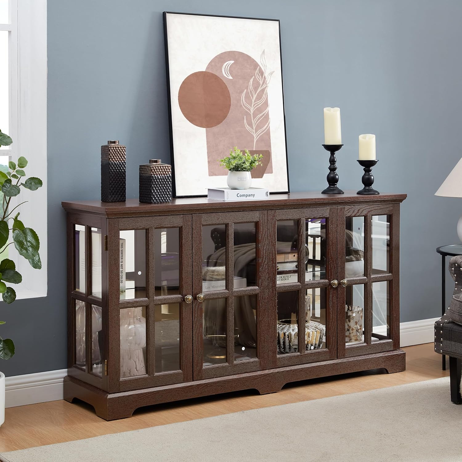 LED Curio Display Cabinet with Glass Doors, Cherry, 4-Door Vintage Showcase, Adjustable Shelves, 59.05 x 15.75 x 32.09 Inch
