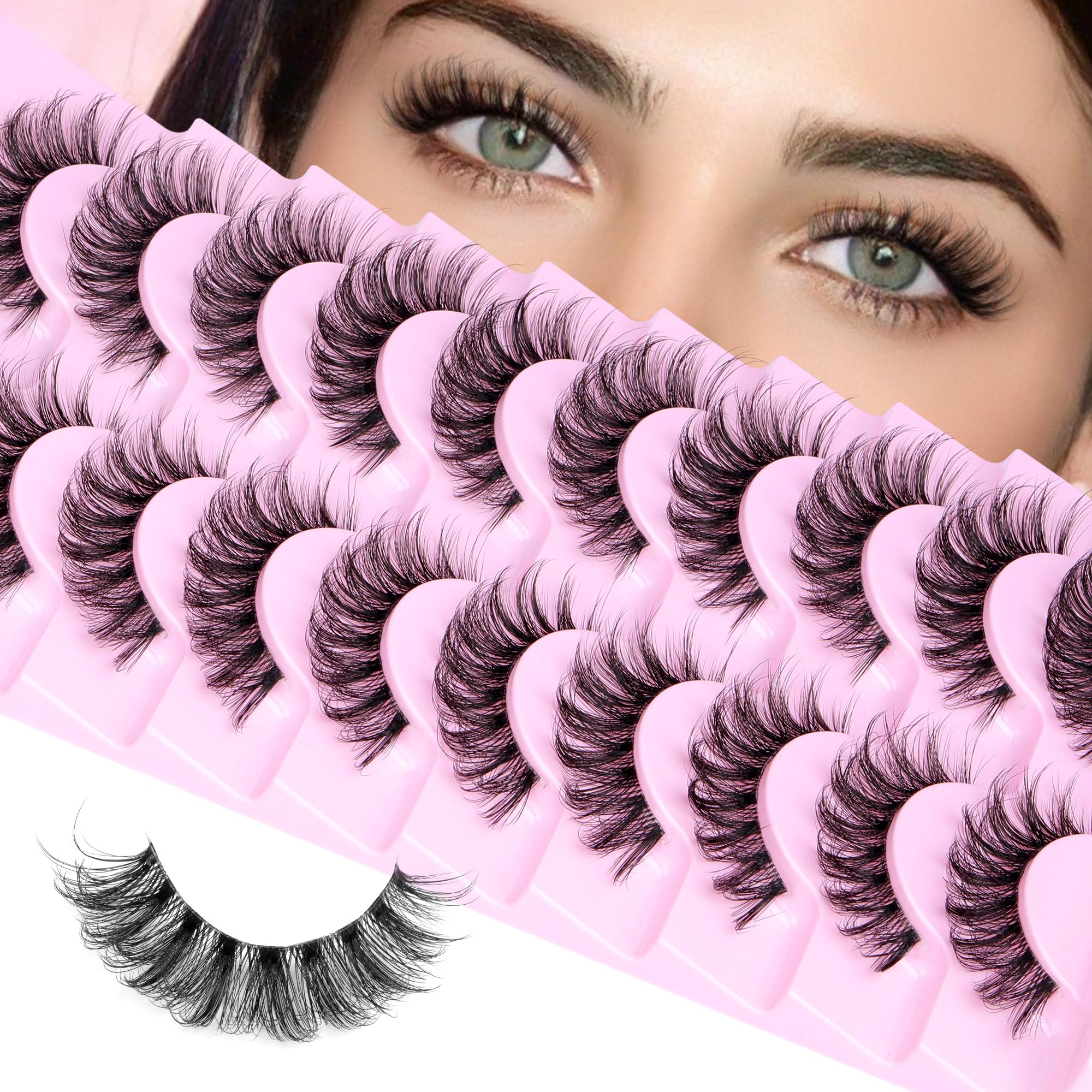 False Lashes Natural Eyelashes Fluffy Lashes D Curly Eyelashes 14mm 3D Volume Wispy Fake Eyelashes Strips Clear Band 10 Pairs Lashes Pack by Calphdiar