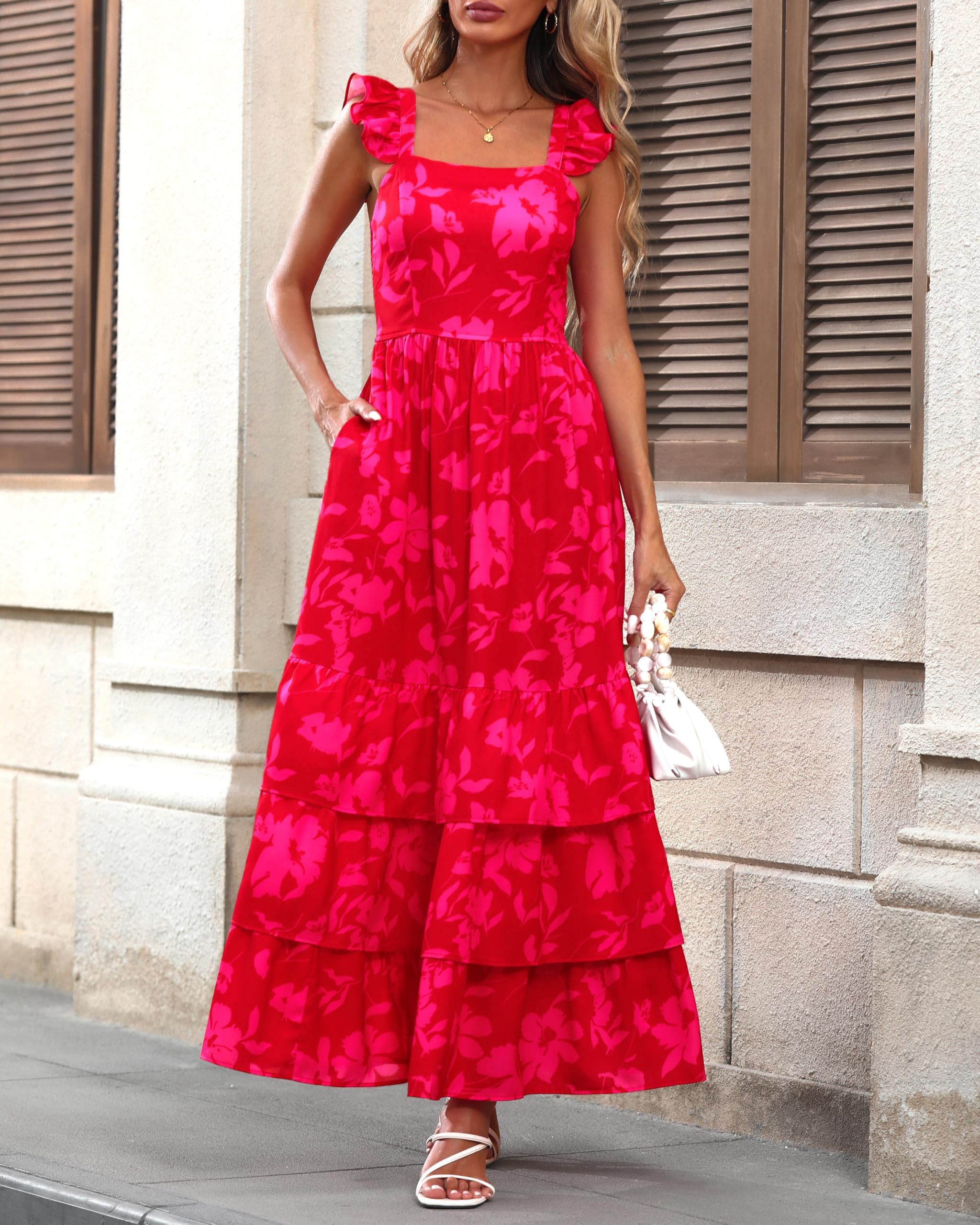 dowerme Sommerkleider für Damen, 2025, lässig, Rüschen, gesmokt, gestuft, A-Linie, Boho, Blumenmuster, Maxi-Strandkleid, Sonnenkleid mit Taschen