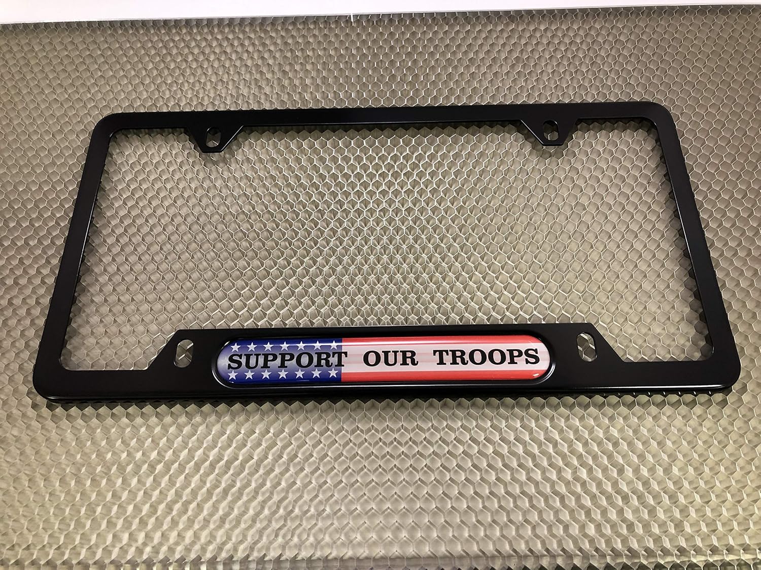 USA Patriotic Anodized Aluminum Thin Top | Narrow Top Car License Plate Frame with Support Our Troops Design Insert with Free caps - Black