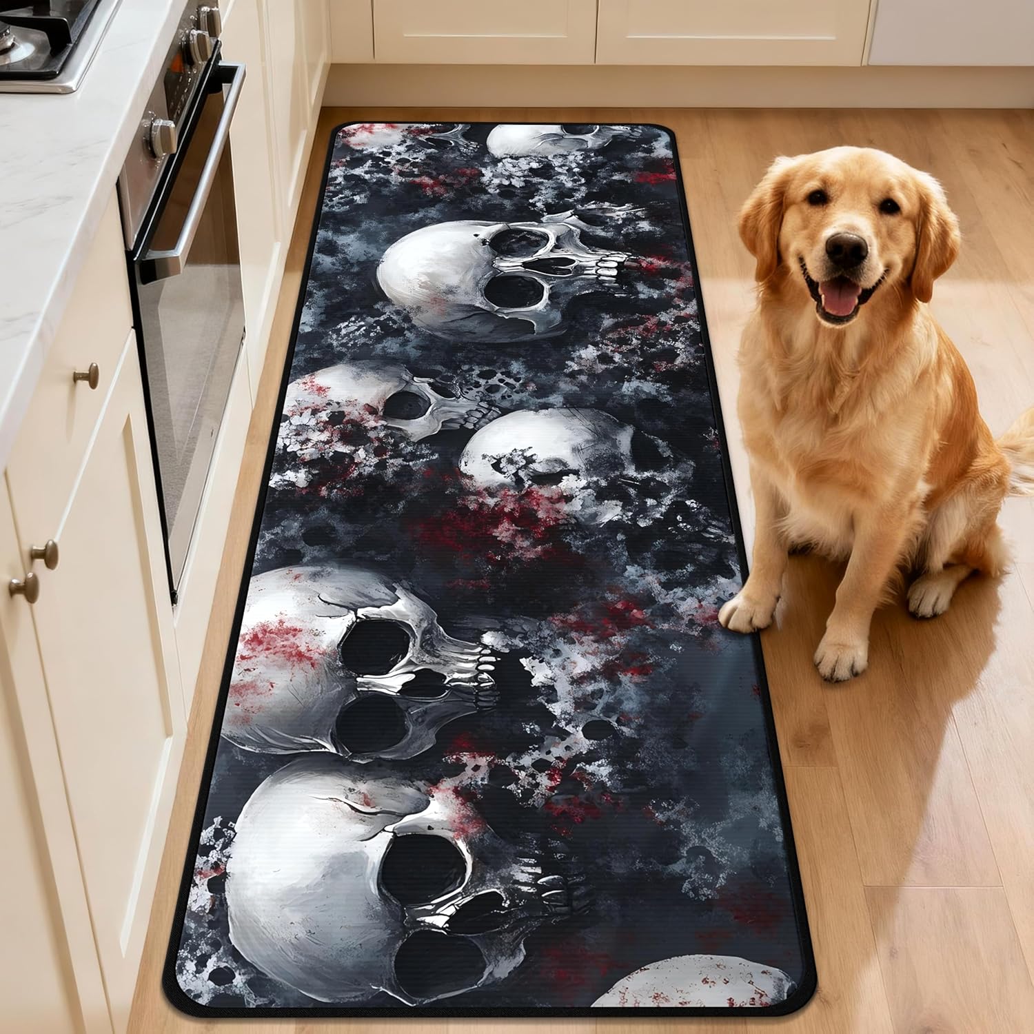Decorative Laundry Room Floor Mat Skull Non-Slip Washable Farmhouse Kitchen Rug 59"x20" Halloween Rugs