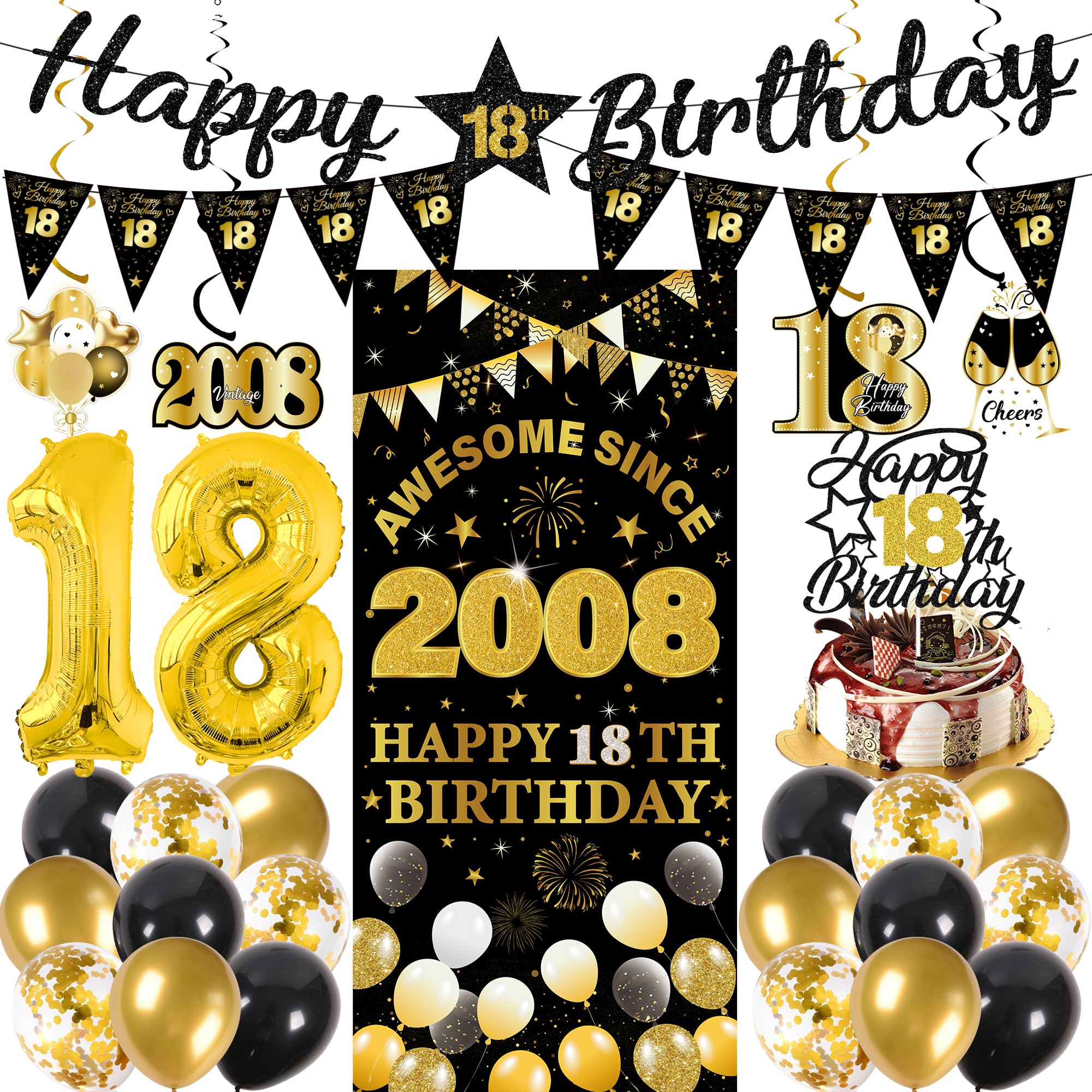 18th Birthday Decorations Boys Girls - 27 Pcs Black Gold Happy 18th Birthday Banner Triangular Flag Hanging Swirls Backdrop Cake Topper 18 Balloon Set for 18 Years Old Party Decoration Supplies