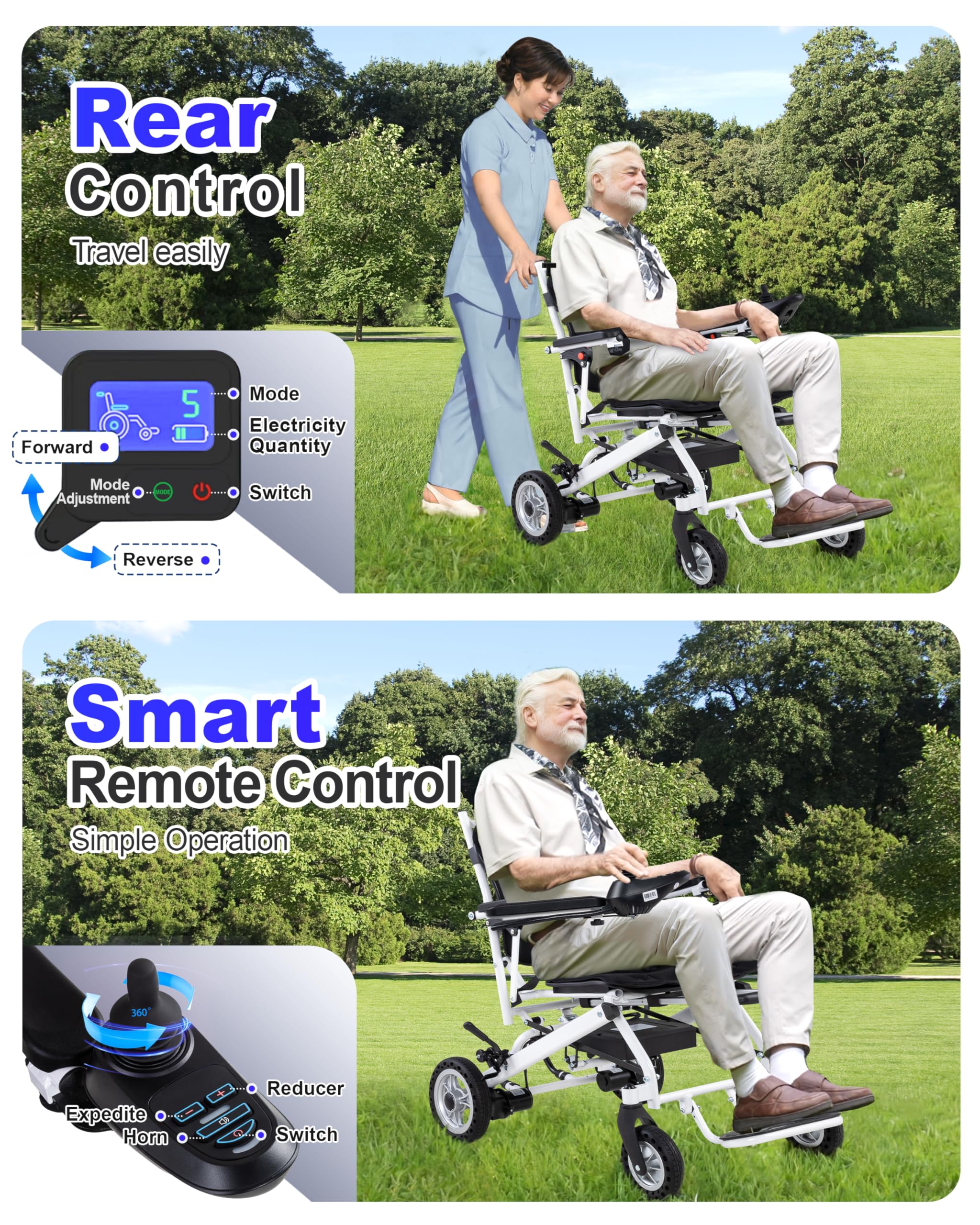 Only 37lbs Lightweight Foldable Electric Wheelchair,2 * 10AH High-Capacity Removable Battery, 25+ Miles All Terrain Portable Motorized Wheelchairs for Seniors, Airline Approval,with Rear Control