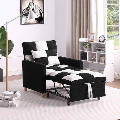 Miniatura 11 de Sofá cama convertible 3 en 1, silla reclinable de tela de terciopelo para interiores con respaldo ajustable y almohada para adultos, sofá extraíble
