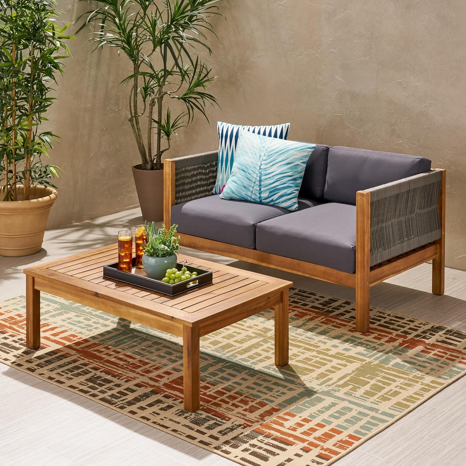 Minimalistic Patio Loveseat and Coffee Table Set with Cushion, Acacia Wood Frame for Garden Backyard Porch Poolside Outdoor Furniture