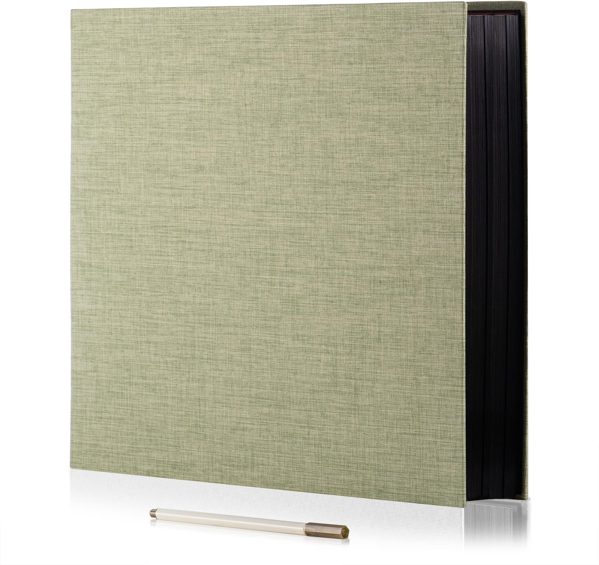 Large Photo Album Self Adhesive 4x6 8x10 10x12 13"x12.6" Scrapbook Album 12.6"x11" Inch 60 Black Sticky Pages Linen Cover Magnetic Photo Album with A Metallic Pen and DIY Stickers(Grass Green)