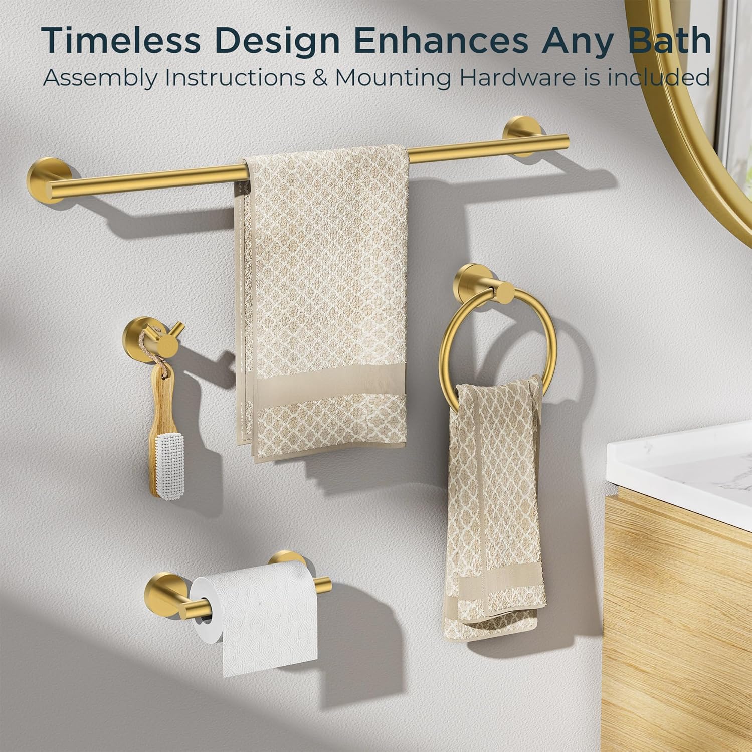 FORIOUS Bathroom Hardware Accessories Set, SUS304 Stainless Steel Towel Bar Set, Modern Towel Racks Holder for Bathroom, Toilet Paper Holder Wall Mounted 4 Pieces(24" Bar, Brushed Gold) - Image 6