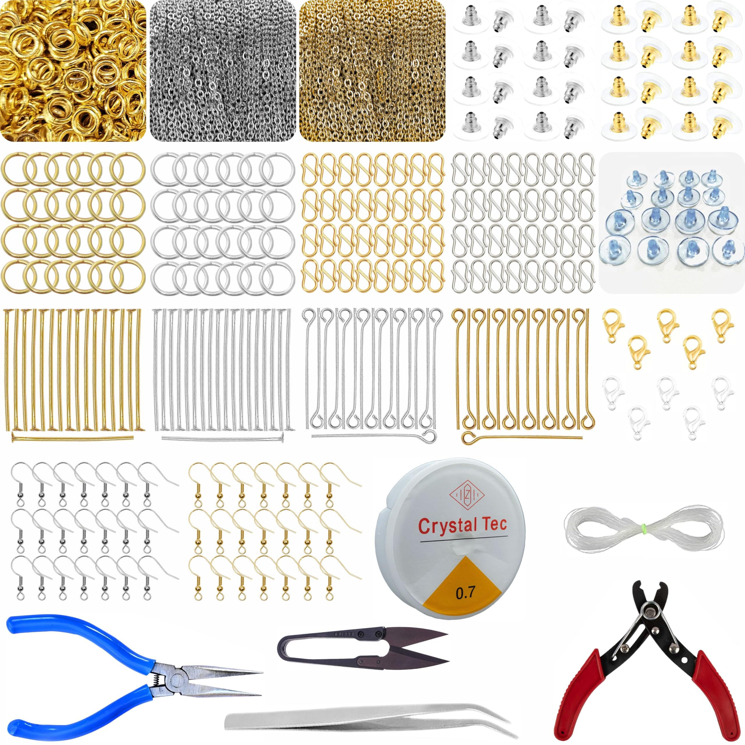 Jewelry Making Kit - Gold and Silver Metal Findings for DIY Crafts - Beading Supplies for Necklaces, Bracelets, Earrings (Findings + Tools)