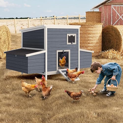 GarveeHome 59" Chicken Coop for 2-6 Chickens, Wooden Chicken Coop with 2 Nesting Boxes, Outdoor Chicken Cage with Openable Roof & Ramp