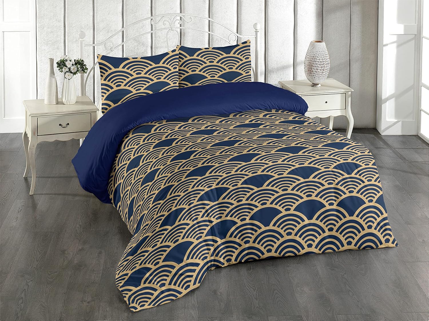 Asian Duvet Cover Set, Squama Circles Fish Scale Look