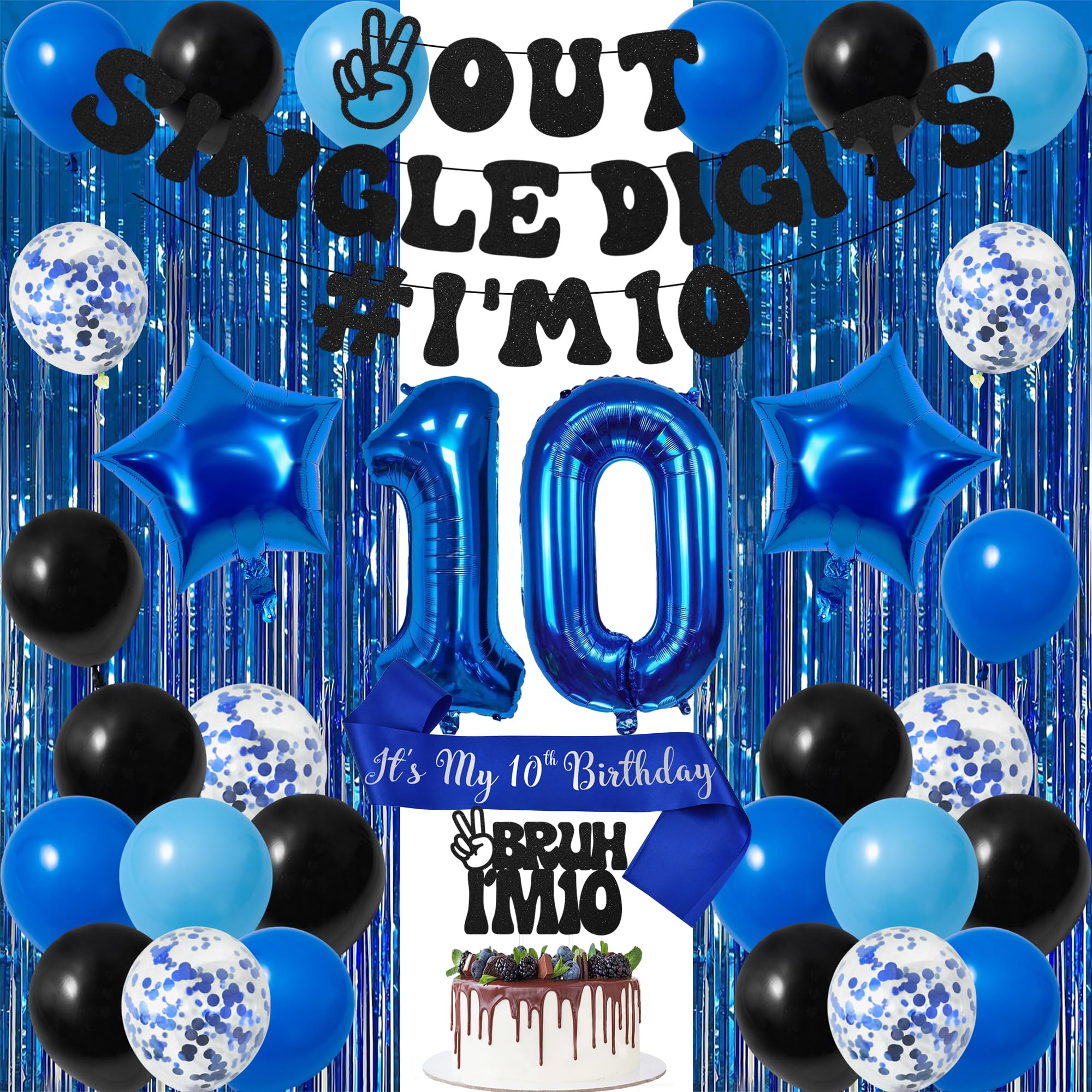 Photo 1 of Trgowaul 10th Birthday Decorations for Boys Girls, Banner, Sash, Bruh I'm 10 Cake Topper, 10 Number Balloon, Fringe Curtains, Black Blue 10th Birthday Party Supplies
