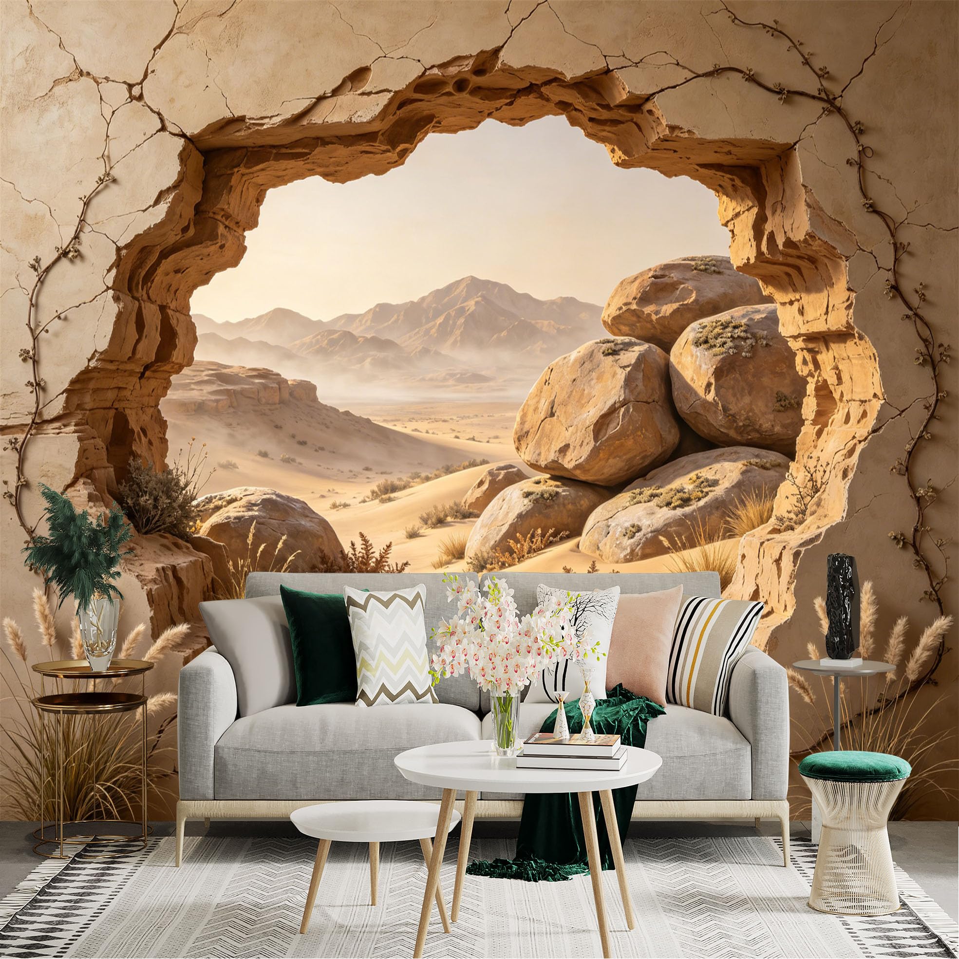 Custom Size Wall Sticker Mural， Desert Landscape with Rocks， Sand Dunes and Mountains View， for wall Decoration， peelandstick wall Decals.
