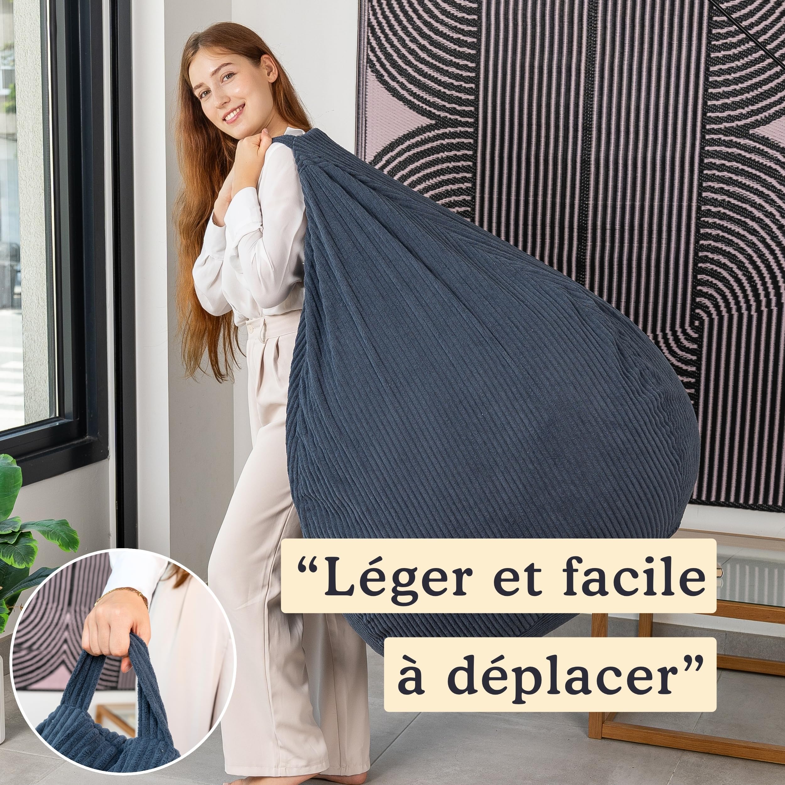 bananair Pouf Poire en Velours Côtelé - Fabriqué en France - Doux, Confortable, Facilement Transportable & Housse Lavable – Gros Pouf Salon/Chambre pour Adulte, Ado, Enfant (120 x 100 cm, Bleu foncé)